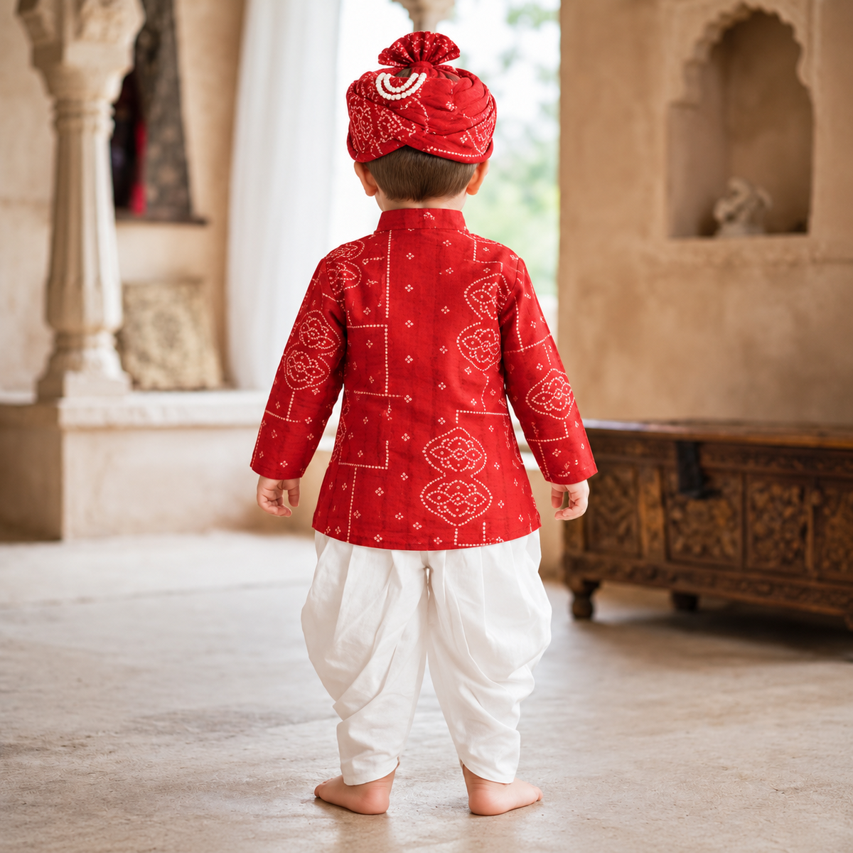 Smile Baby toddler boys traditional red Bandhani kurta set with white dhoti pants and matching turban, back view