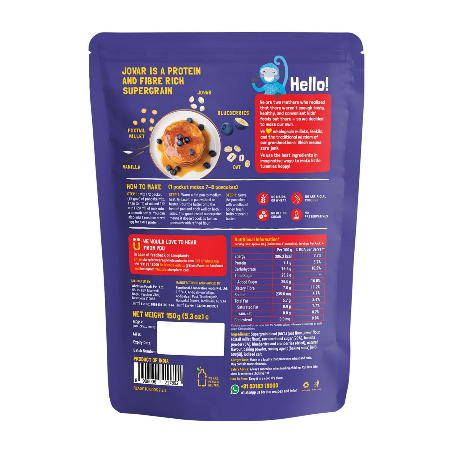 Slurrp Farm Breakfast Millet Pancake Mix Available In Different Types | BANAN CHOCO CHIP , CLASSIC , CHOCOLATE , BLUEBERRY | 150G