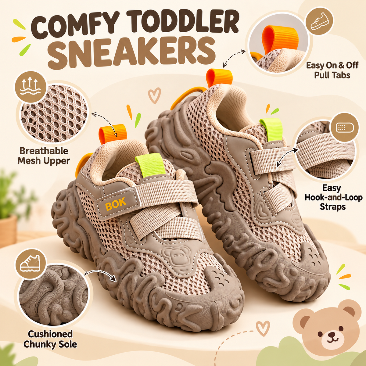 Smile Baby beige toddler sneakers feature infographic showing breathable mesh, pull tabs, hook-and-loop straps and cushioned chunky sole