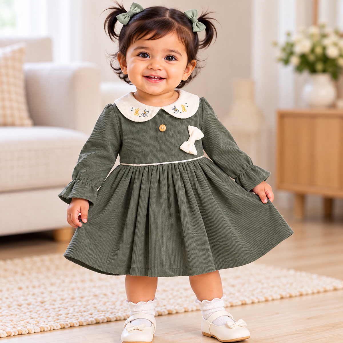 Front portrait of toddler wearing ORRIGANY olive green dress