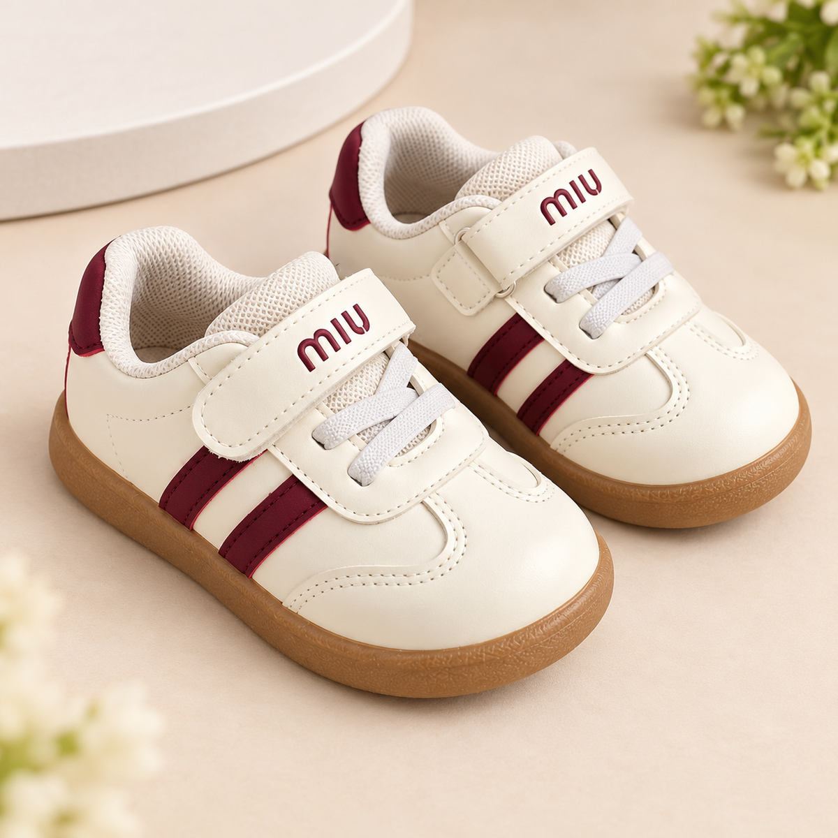 SMILE BABY boys cream and red sneakers product view