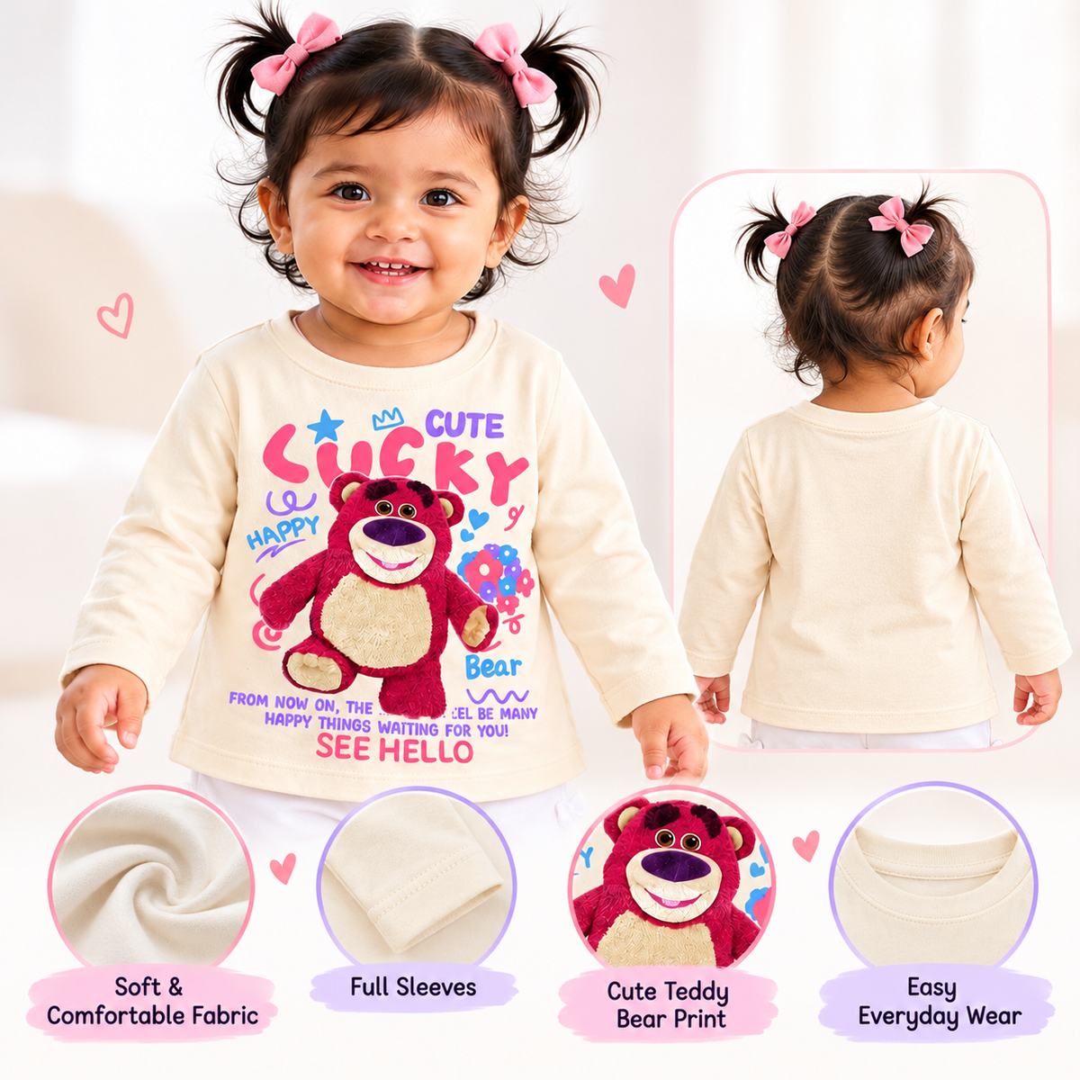 ORRIGANY ivory teddy bear print T-shirt product feature infographic