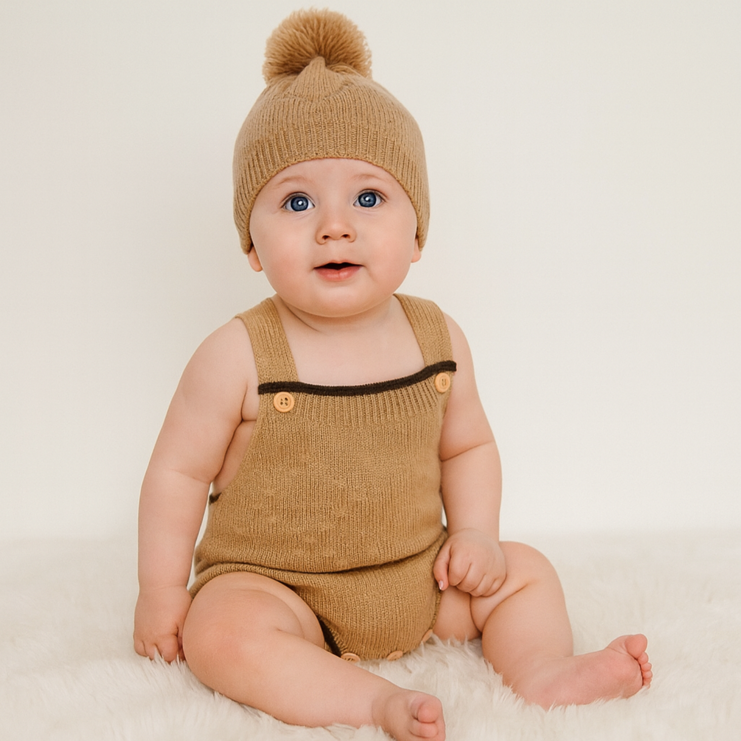 Smile Baby Knitted Dangri Style Romper & Beanie Set – Brown, Blue, White & Pink | Soft Wool | 0–6 Months