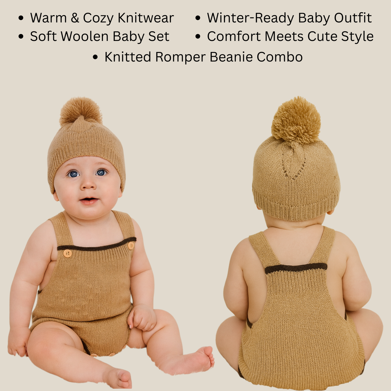 Smile Baby Knitted Dangri Style Romper & Beanie Set – Brown, Blue, White & Pink | Soft Wool | 0–6 Months