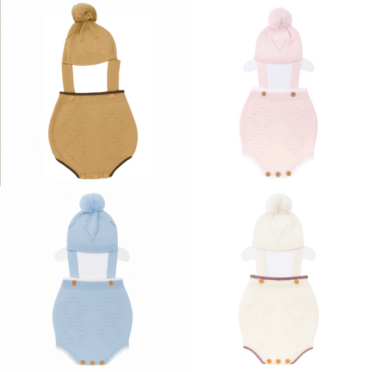 Smile Baby Knitted Dangri Style Romper & Beanie Set – Brown, Blue, White & Pink | Soft Wool | 0–6 Months