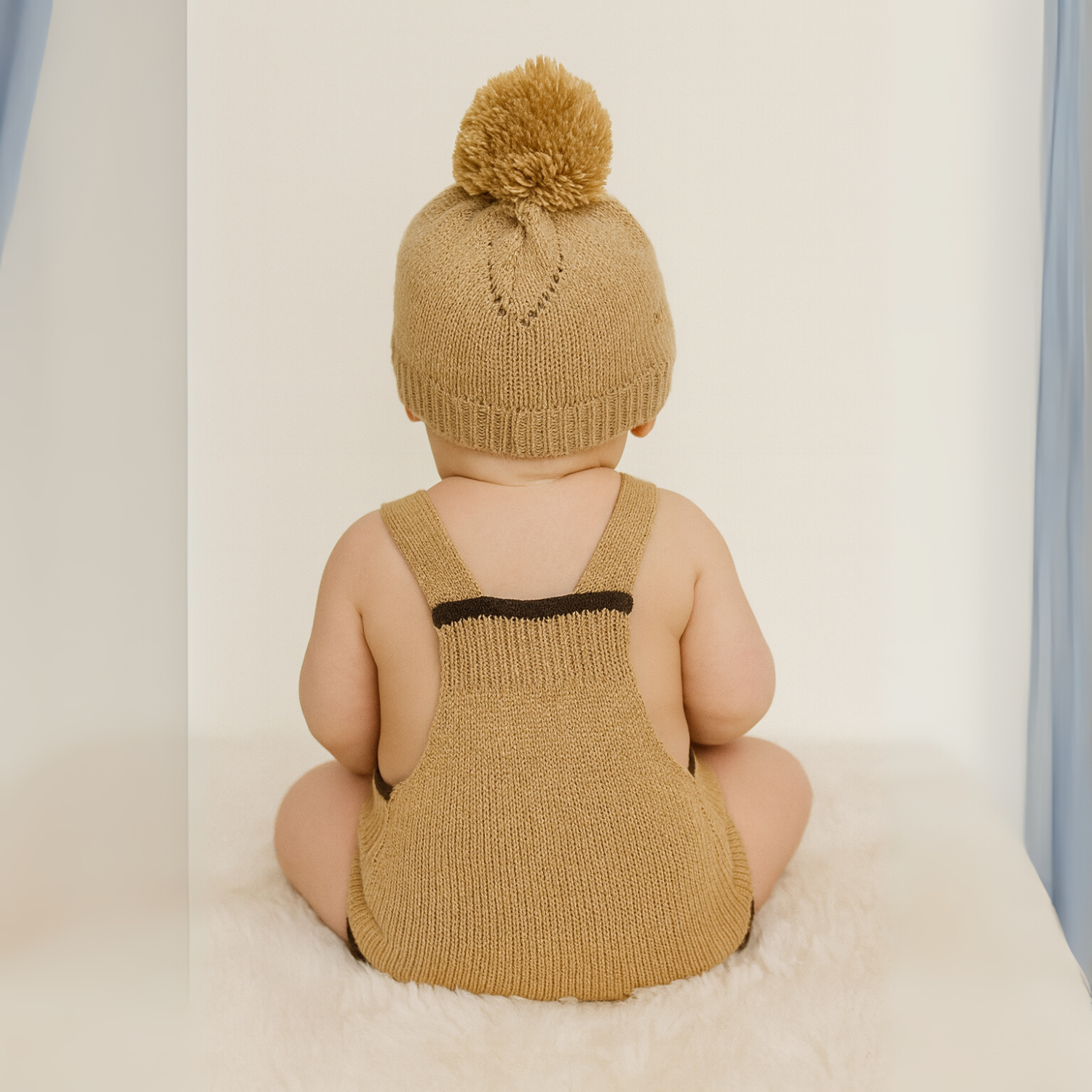Smile Baby Knitted Dangri Style Romper & Beanie Set – Brown, Blue, White & Pink | Soft Wool | 0–6 Months