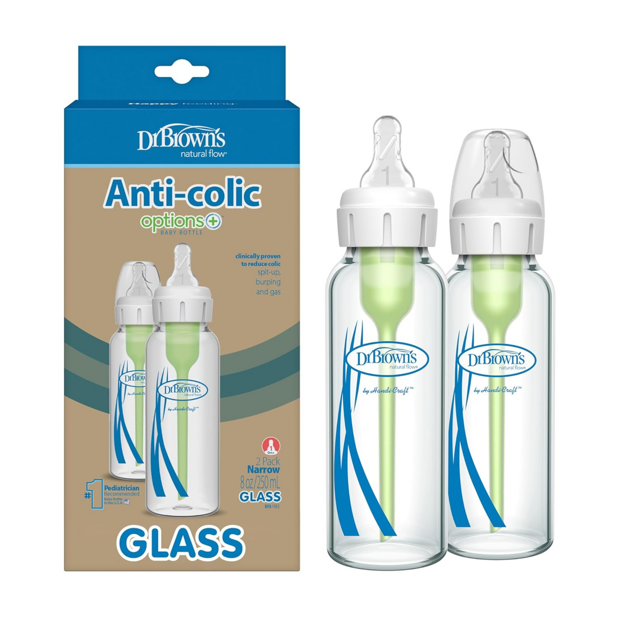 Packaging of Dr. Brown's Natural Flow Anti-Colic Options+ Narrow Glass Baby Bottle with Level 1 Slow Flow Nipple.