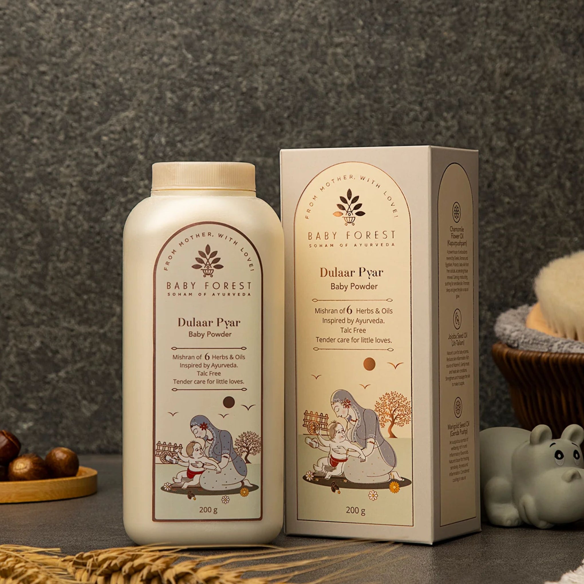 Baby Forest Dulaar Pyar Baby Powder – Talc-Free Ayurvedic Baby Powder with 6 Herbs & Oils for Gentle, Dry & Fresh Skin (0+ Years)