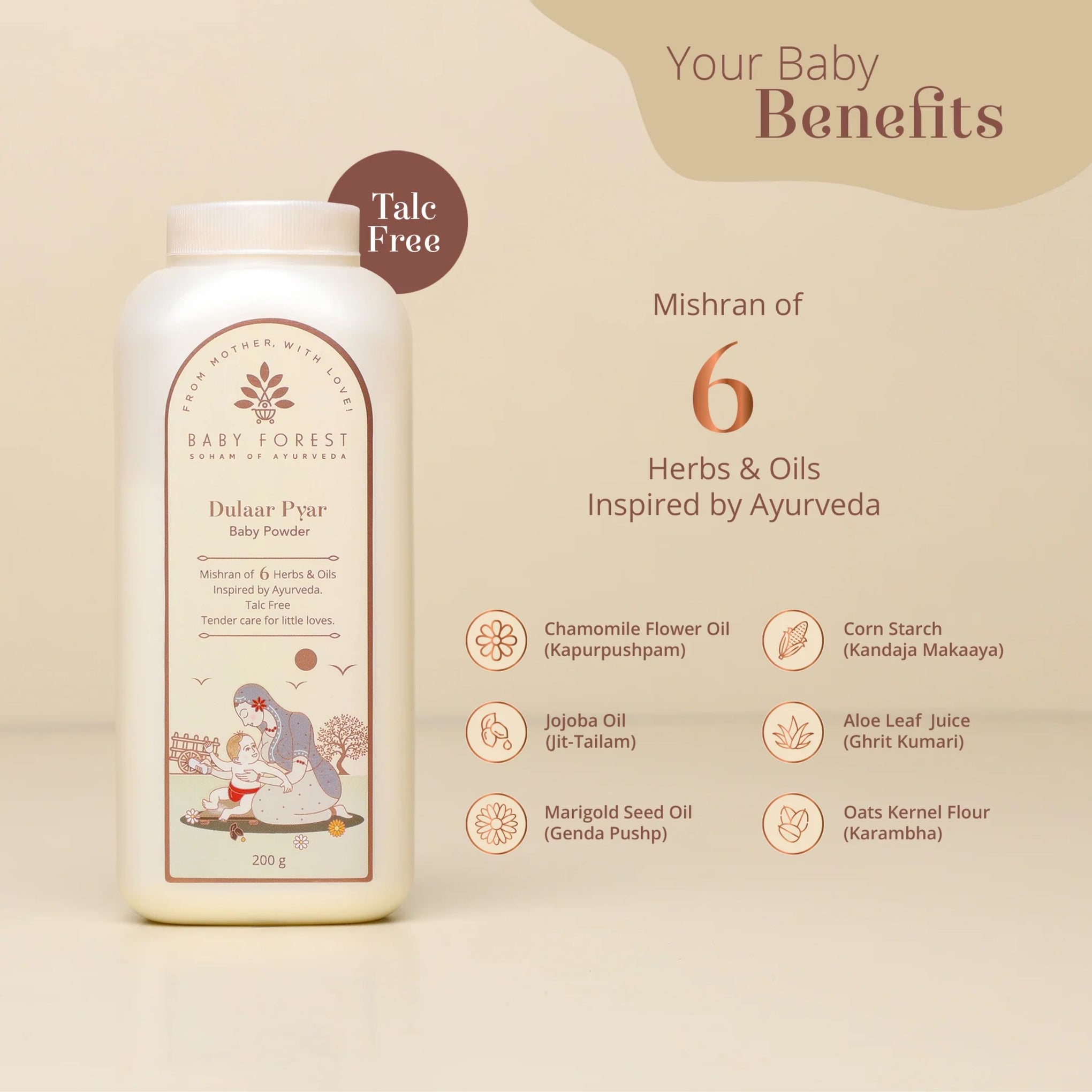 Baby Forest Dulaar Pyar Baby Powder – Talc-Free Ayurvedic Baby Powder with 6 Herbs & Oils for Gentle, Dry & Fresh Skin (0+ Years)