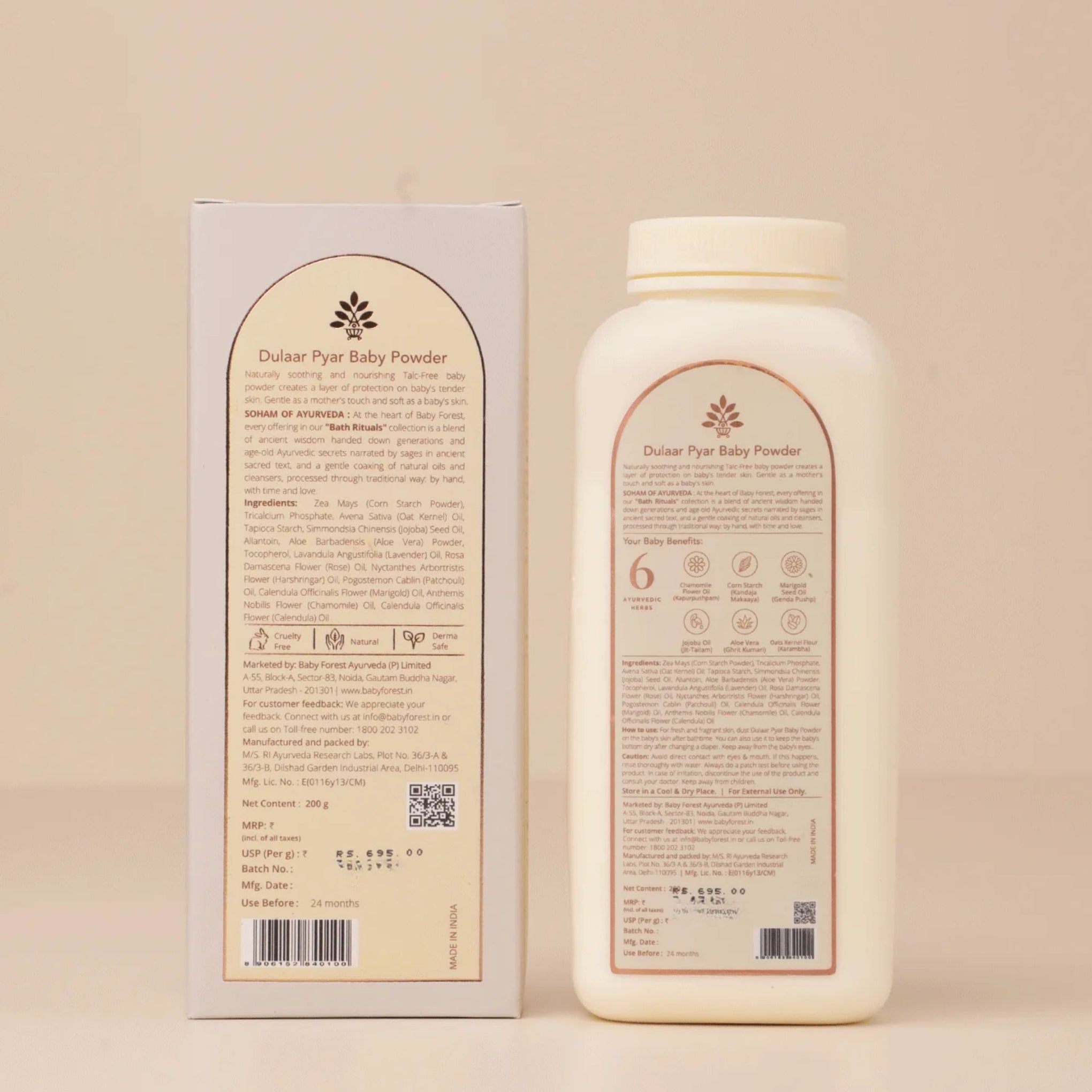 Baby Forest Dulaar Pyar Baby Powder – Talc-Free Ayurvedic Baby Powder with 6 Herbs & Oils for Gentle, Dry & Fresh Skin (0+ Years)