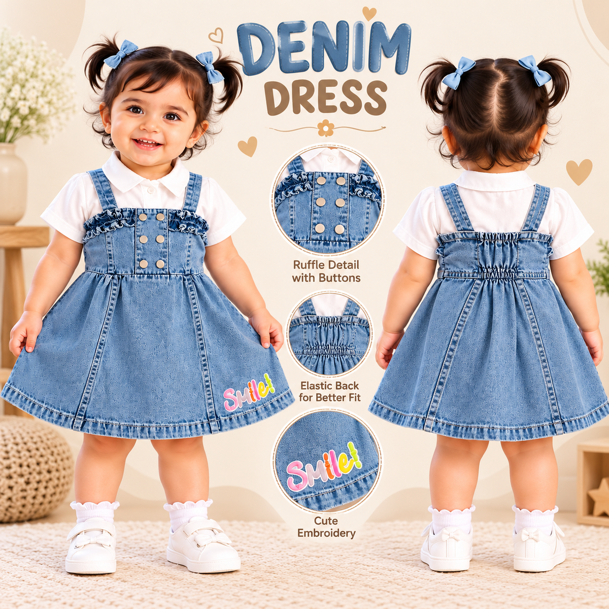 SMILE BABY Girls Light Blue Denim Pinafore Dress Set 