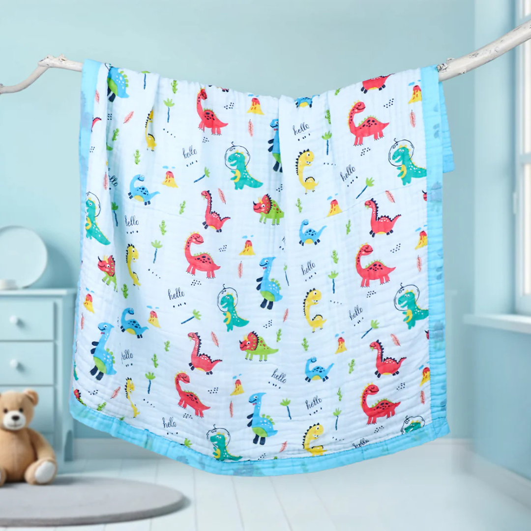 Smile Baby Soft Colorful Dinosaur Print Muslin 6 Layer Blanket for Baby | 100% Muslin Cotton | Size 100x100cms