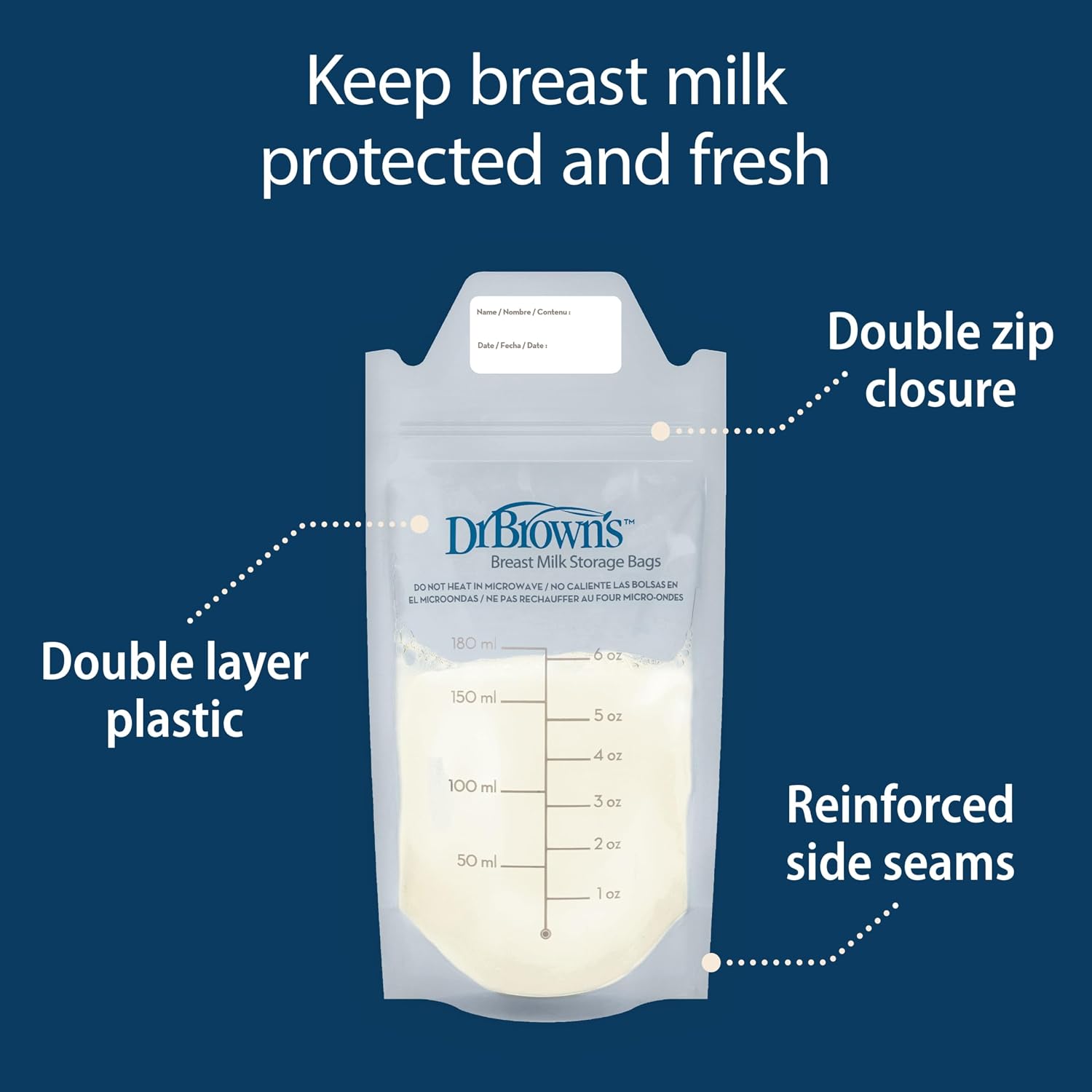 Dr. Brown's breast milk storage bag with features highlighted on a blue background