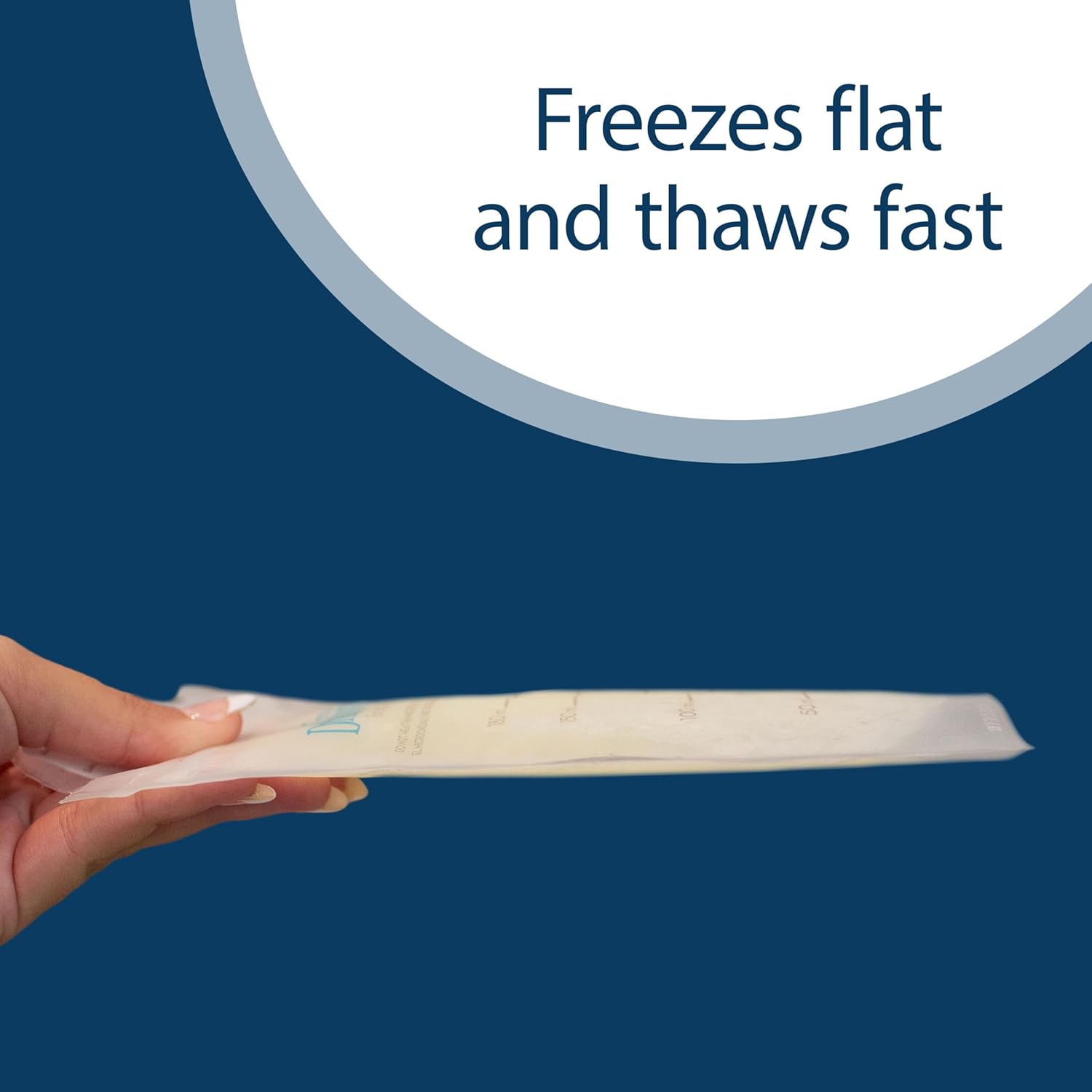 Hand holding a flat plastic bag with text 'Freezes flat and thaws fast' on a blue background