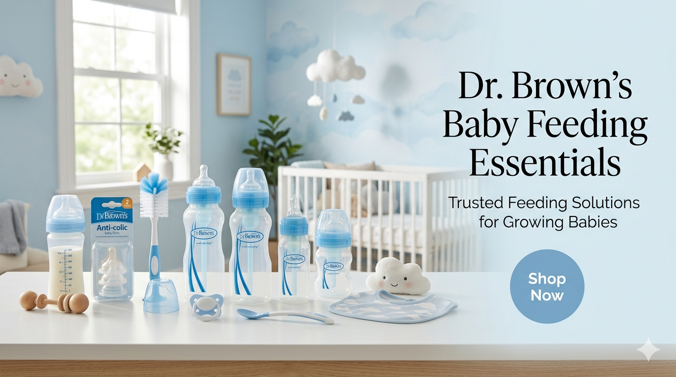 Dr. Brown's baby feeding products on a table with a nursery in the background