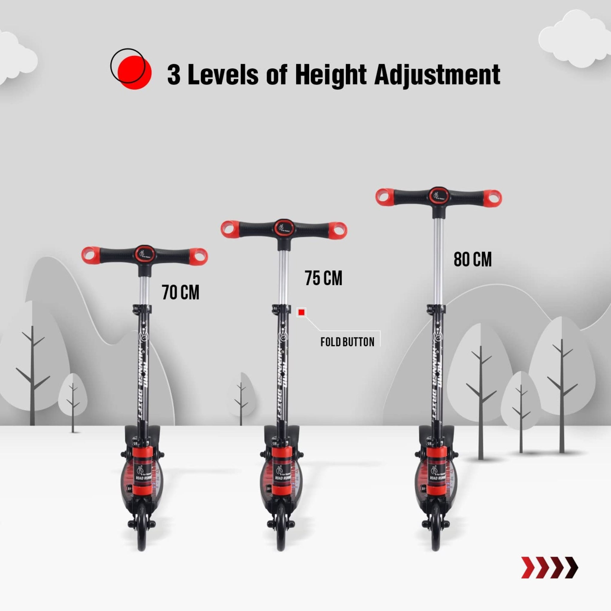 R for Rabbit Road Runner Drift Scooter for Kids of 2 to 4 Years Age, 3 Level Height Adjustment,  Kick Scooter with Brakes (Red) (Blue) (Black)