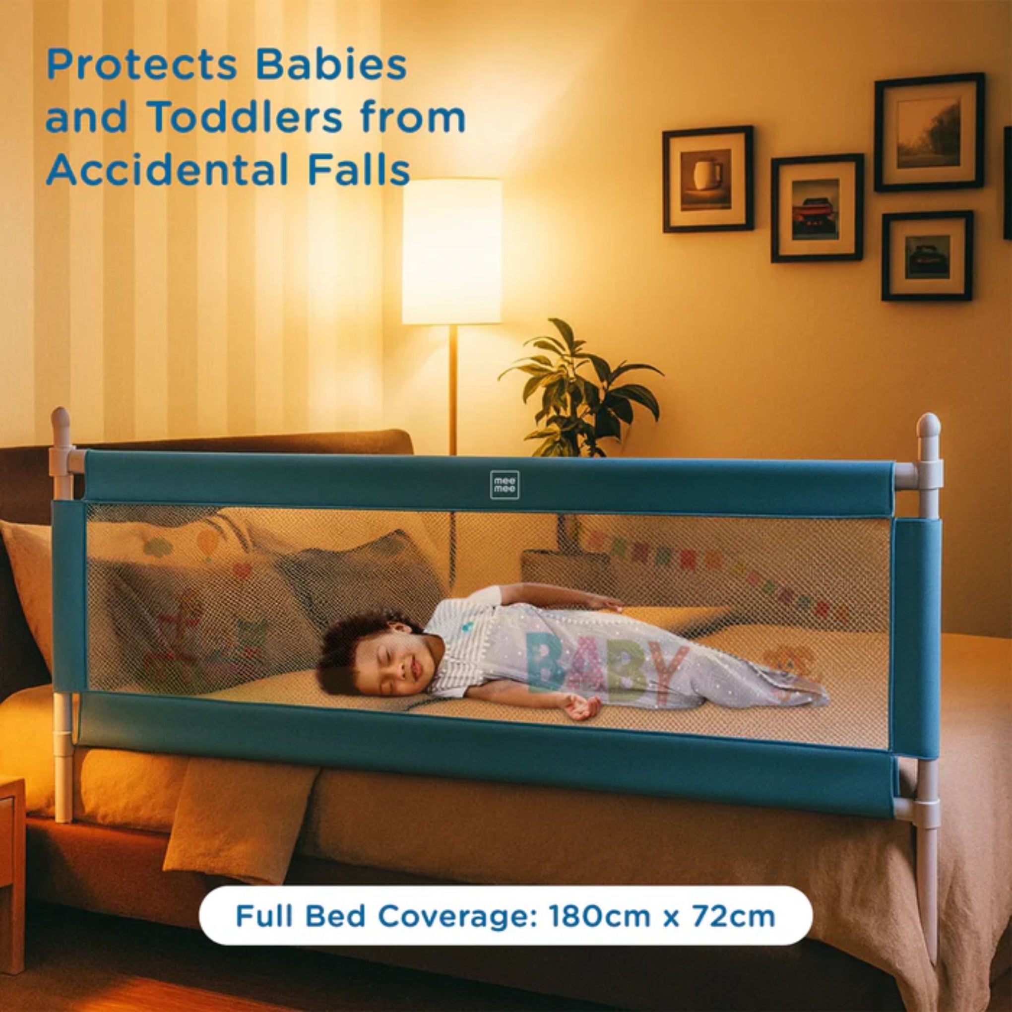 MEE MEE Adjustable Baby Bed Rail Guard – Blue | 180 x 72 cm | Breathable Mesh, Easy Lift & Tool-Free Installation