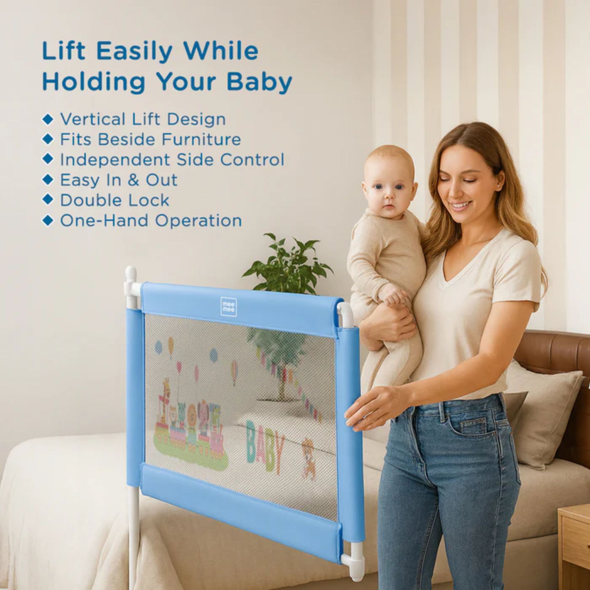 MEE MEE Adjustable Baby Bed Rail Guard – Blue | 180 x 72 cm | Breathable Mesh, Easy Lift & Tool-Free Installation