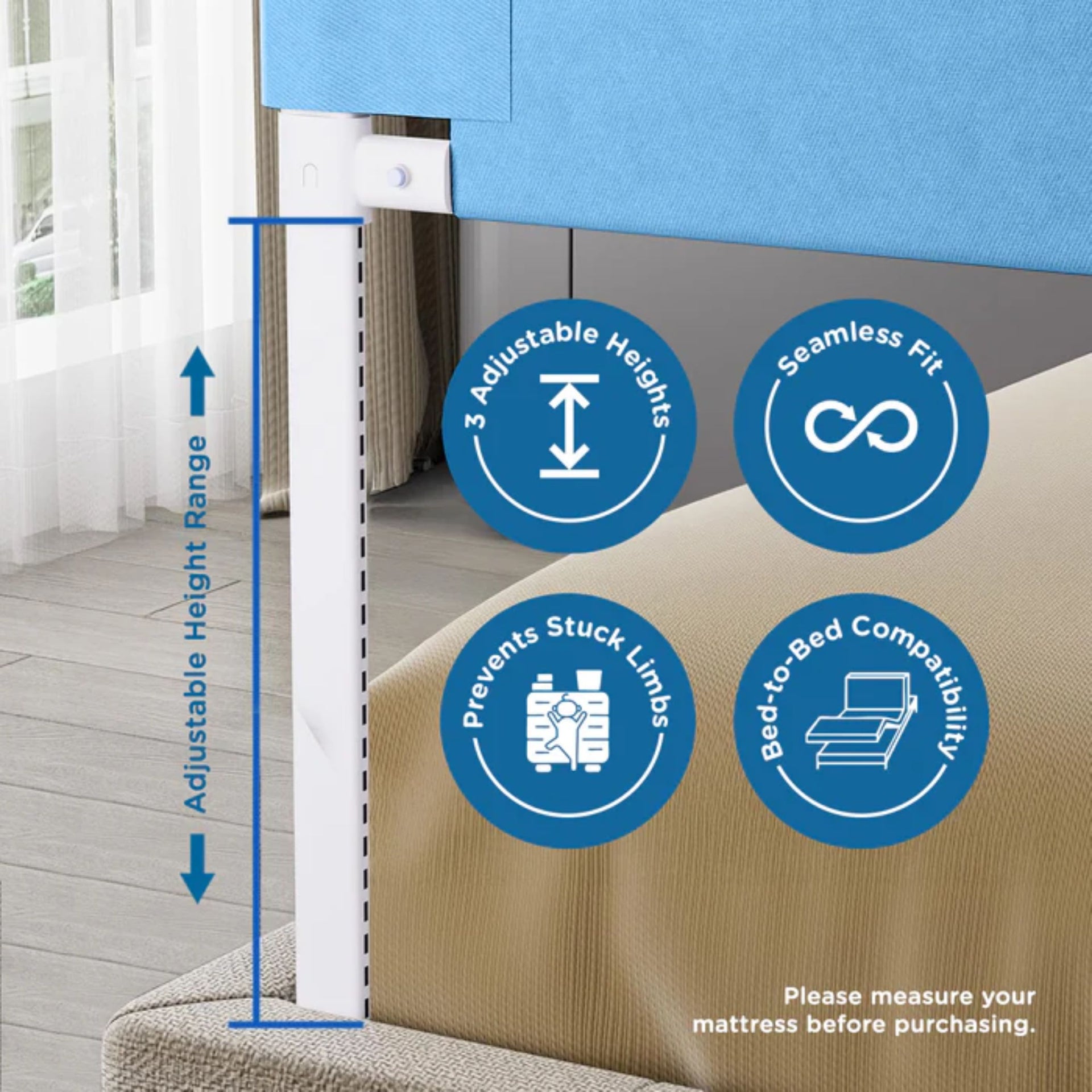MEE MEE Adjustable Baby Bed Rail Guard – Blue | 180 x 72 cm | Breathable Mesh, Easy Lift & Tool-Free Installation