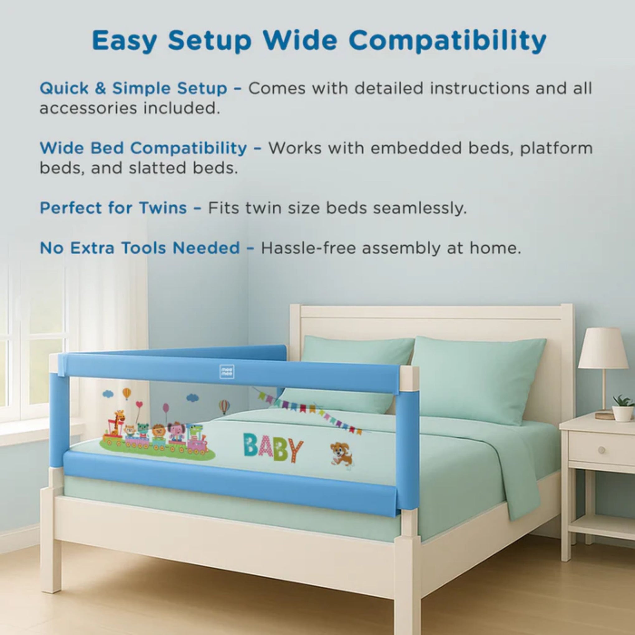MEE MEE Adjustable Baby Bed Rail Guard – Blue | 180 x 72 cm | Breathable Mesh, Easy Lift & Tool-Free Installation