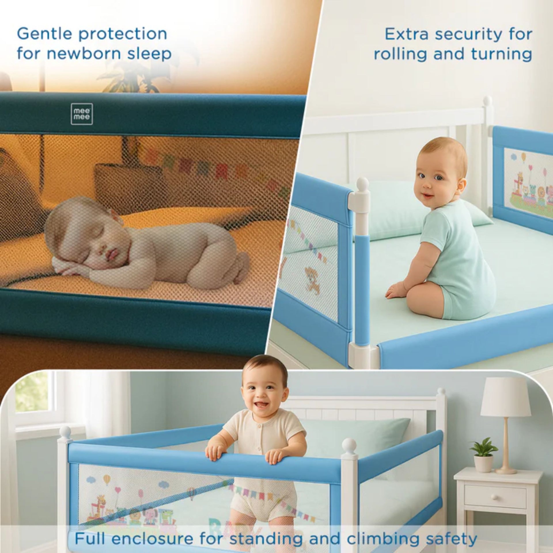 MEE MEE Adjustable Baby Bed Rail Guard – Blue | 180 x 72 cm | Breathable Mesh, Easy Lift & Tool-Free Installation