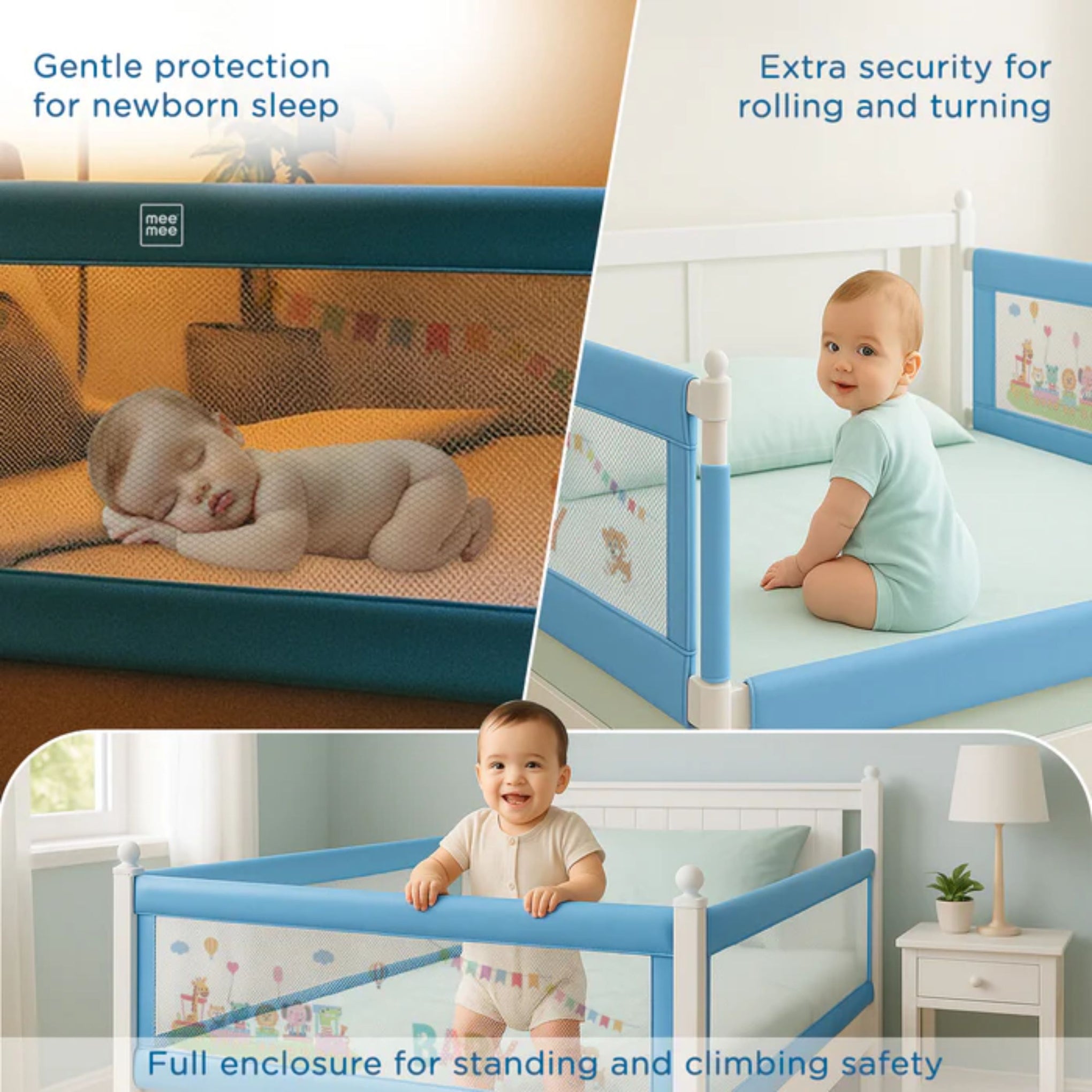 MEE MEE Adjustable Baby Bed Rail Guard – Blue | 180 x 72 cm | Breathable Mesh, Easy Lift & Tool-Free Installation