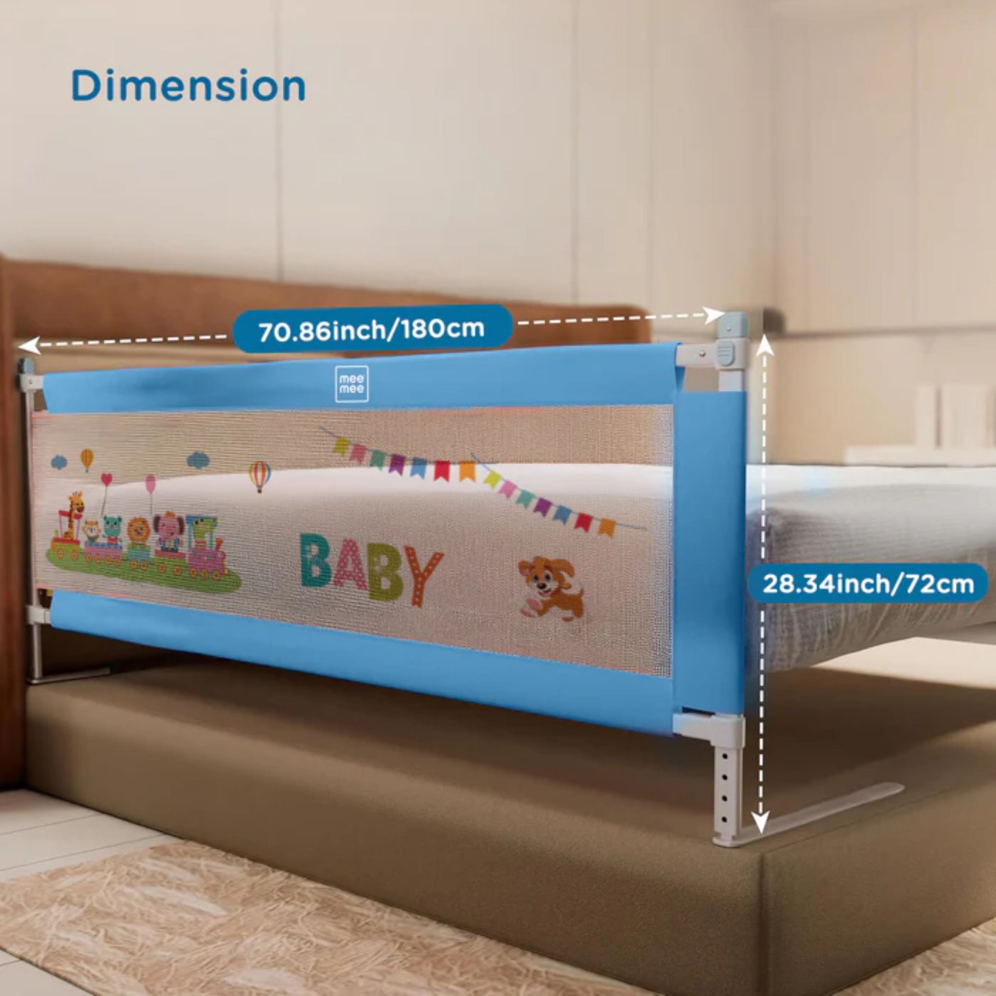 MEE MEE Adjustable Baby Bed Rail Guard – Blue | 180 x 72 cm | Breathable Mesh, Easy Lift & Tool-Free Installation