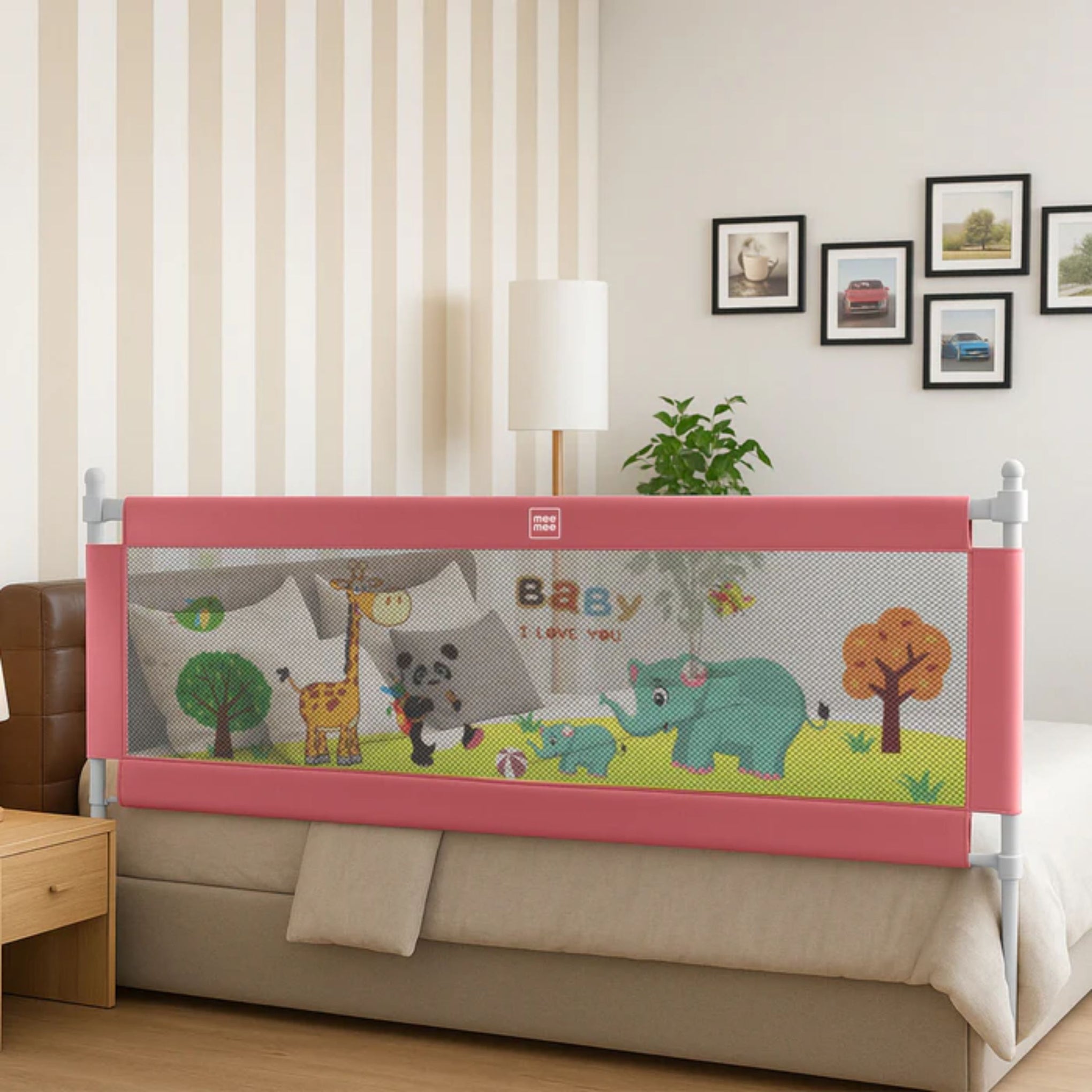 MEE MEE Adjustable Baby Bed Rail Guard – Pink Animal Print | 180 x 72 cm | Breathable Mesh, Easy Lift, Tool-Free Setup