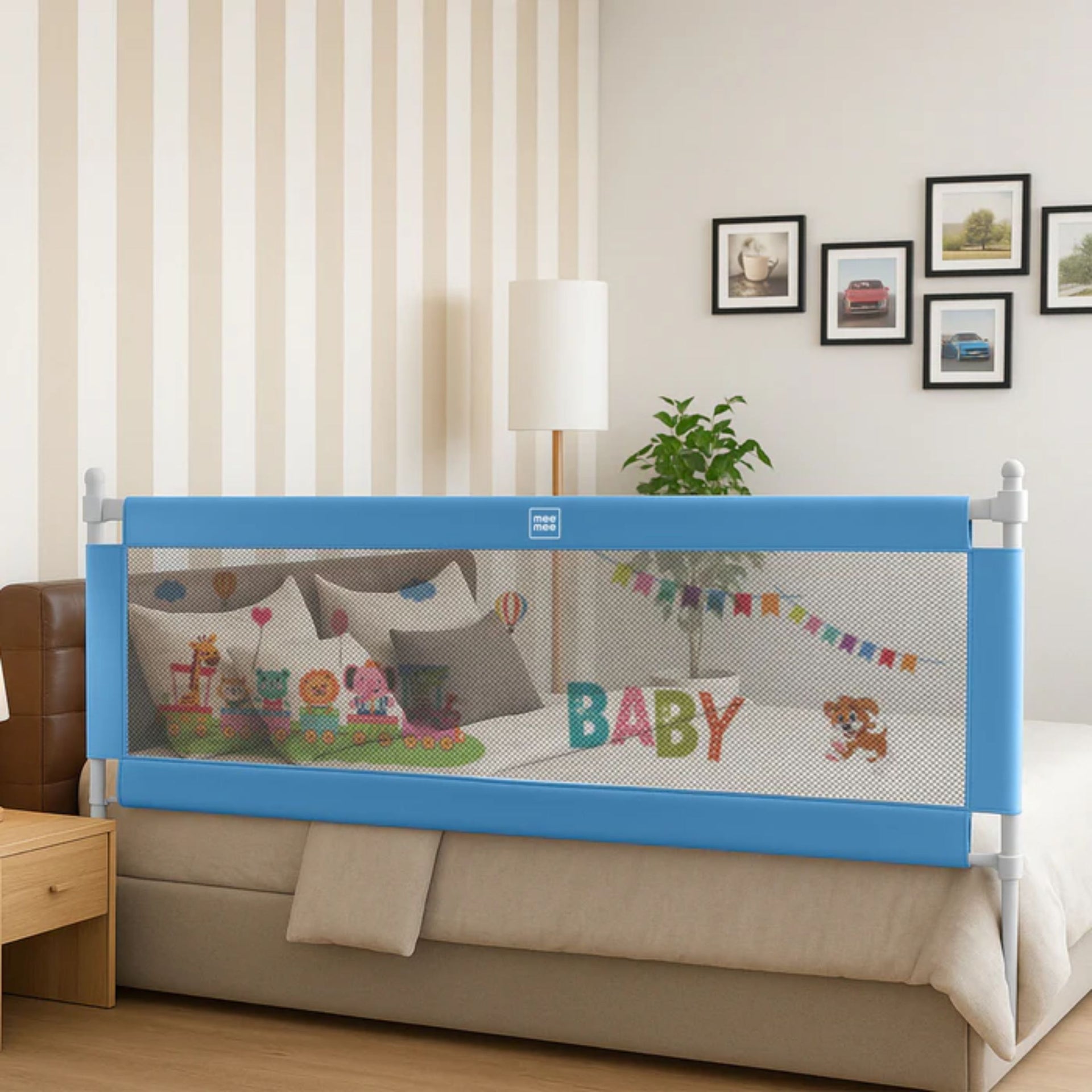 MEE MEE Adjustable Baby Bed Rail Guard – Blue | 180 x 72 cm | Breathable Mesh, Easy Lift & Tool-Free Installation