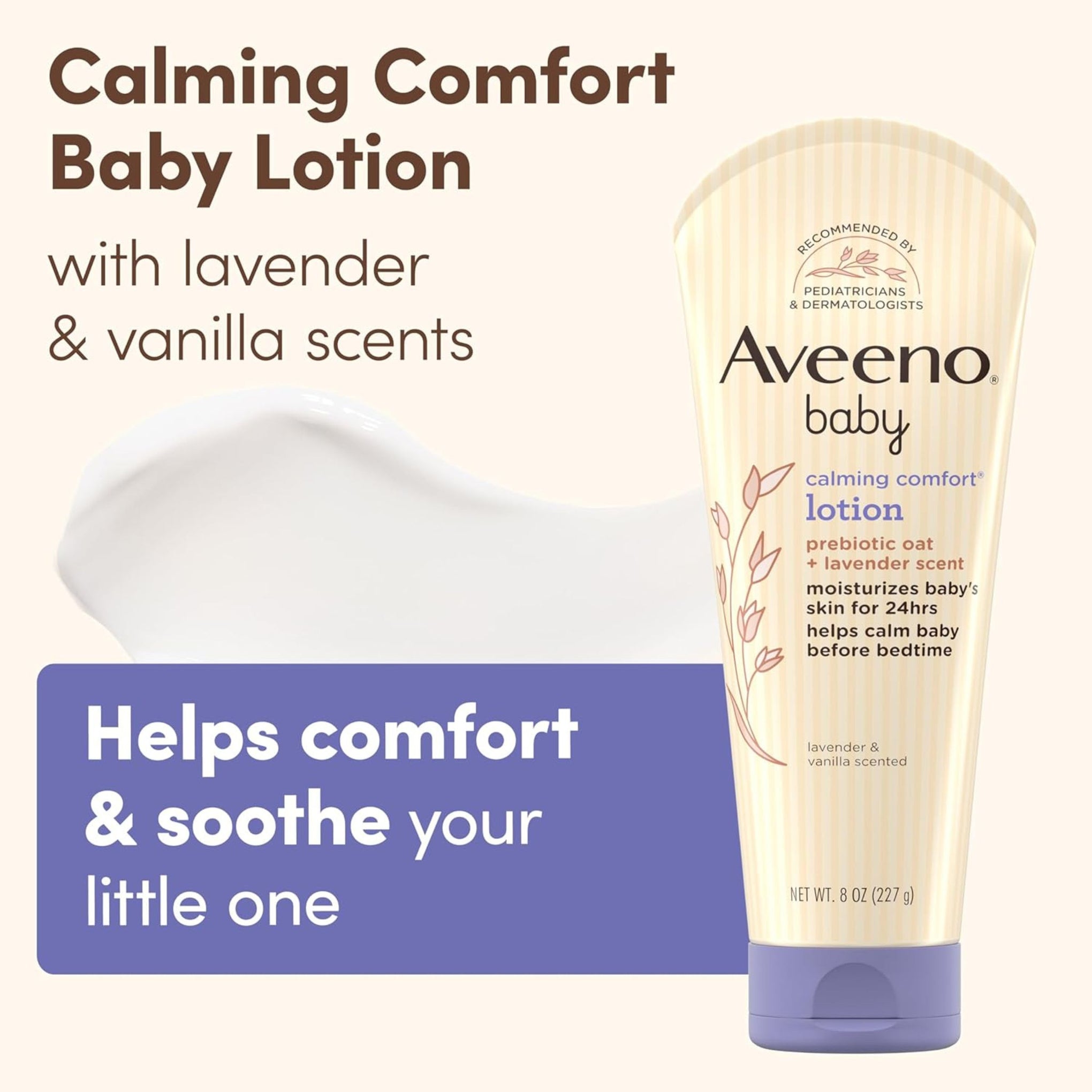 Aveeno Baby Calming Comfort Moisturizing Lotion with Relaxing Lavender & Vanilla Scents, Non-Greasy Body Lotion with Natural Oatmeal & Dimethicone, Paraben- & Phthalate-Free, 8 fl. oz