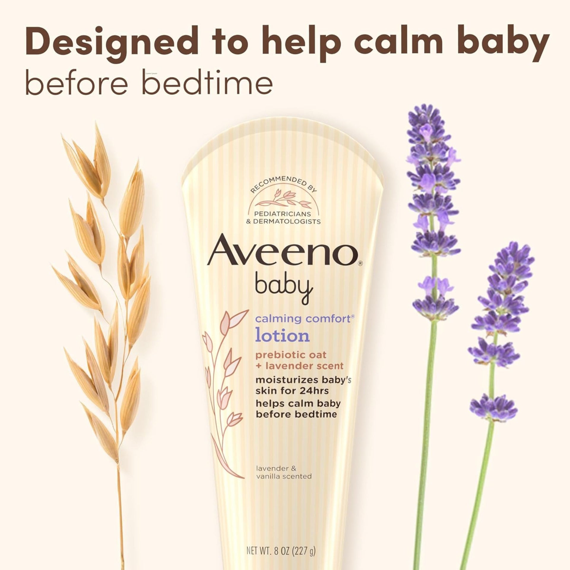Aveeno Baby Calming Comfort Moisturizing Lotion with Relaxing Lavender & Vanilla Scents, Non-Greasy Body Lotion with Natural Oatmeal & Dimethicone, Paraben- & Phthalate-Free, 8 fl. oz