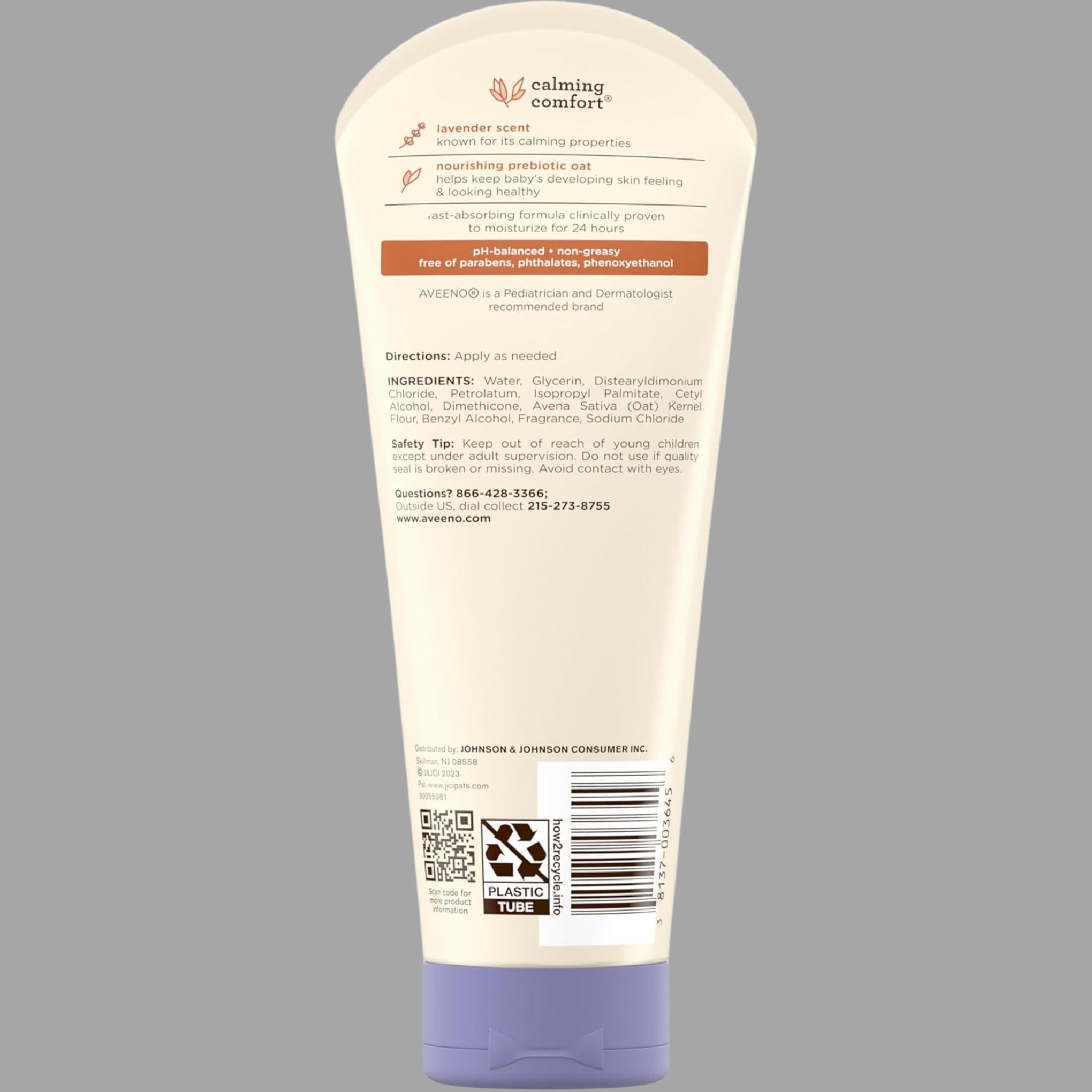 Aveeno Baby Calming Comfort Moisturizing Lotion with Relaxing Lavender & Vanilla Scents, Non-Greasy Body Lotion with Natural Oatmeal & Dimethicone, Paraben- & Phthalate-Free, 8 fl. oz