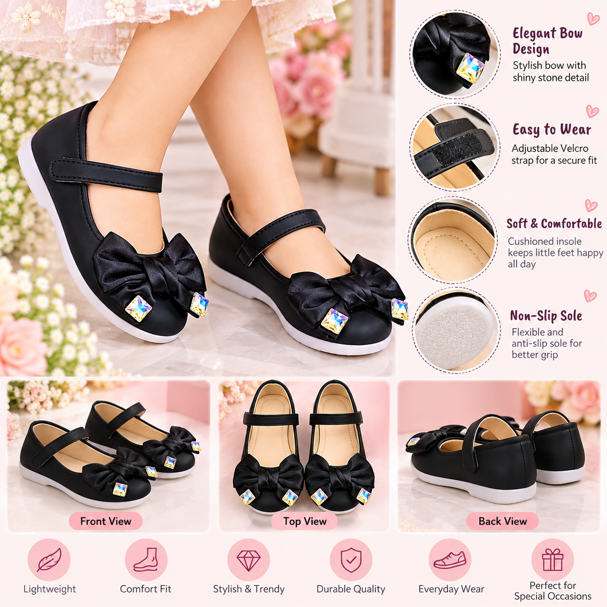 SMILE BABY girls black Mary Jane shoes bow rhinestone adjustable strap infographic