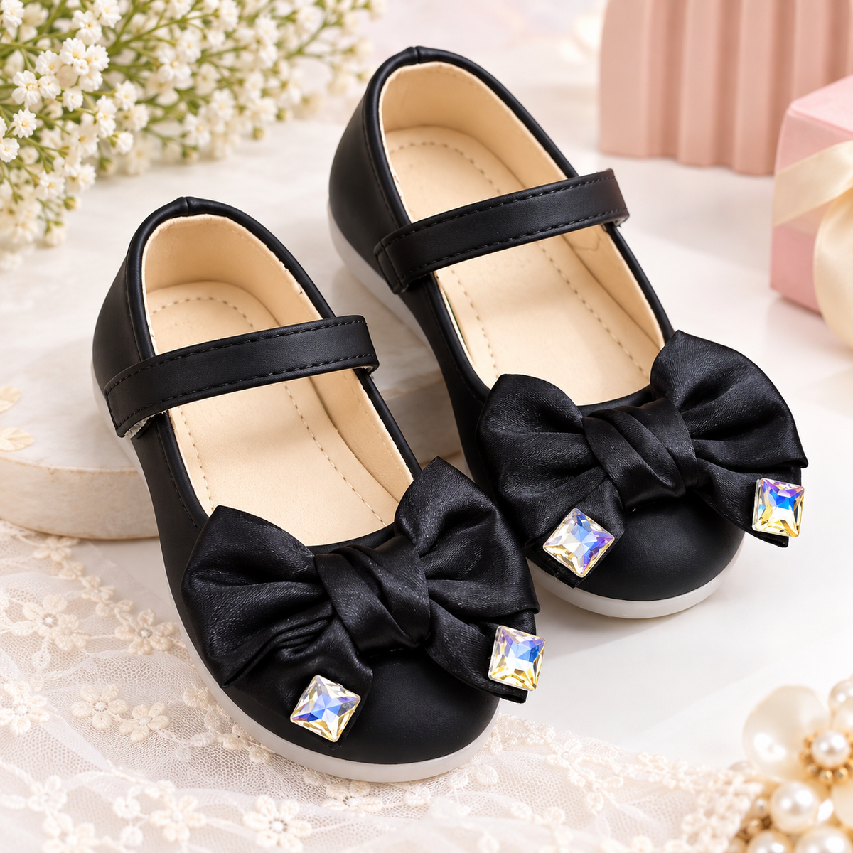 SMILE BABY girls black Mary Jane shoes satin bow rhinestone