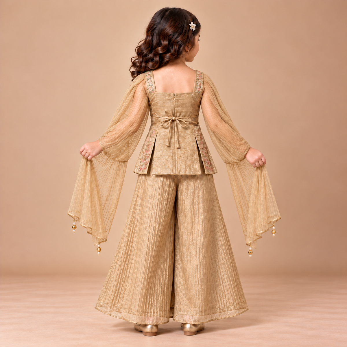 Back view of GUSTO beige embroidered girls ethnic set with dupatta