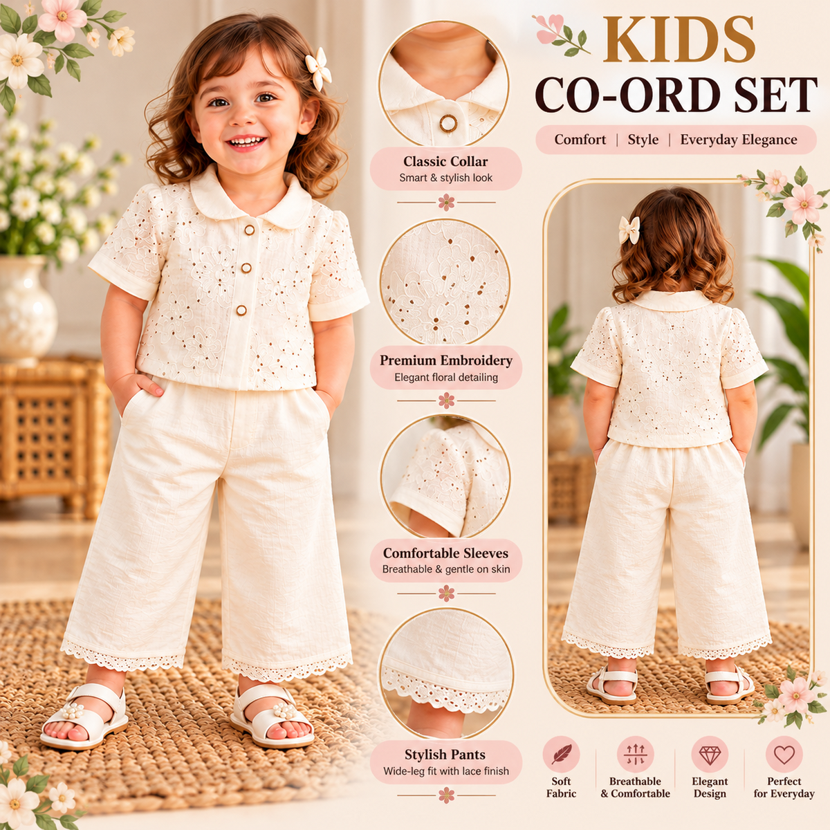 SMILE BABY cream girls co-ord set product details infographic