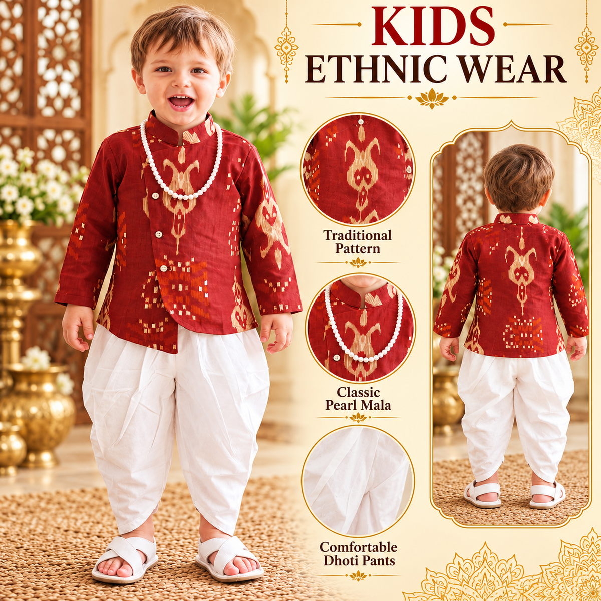 SMILE BABY boys rust red Indo Western kurta dhoti set product infographic