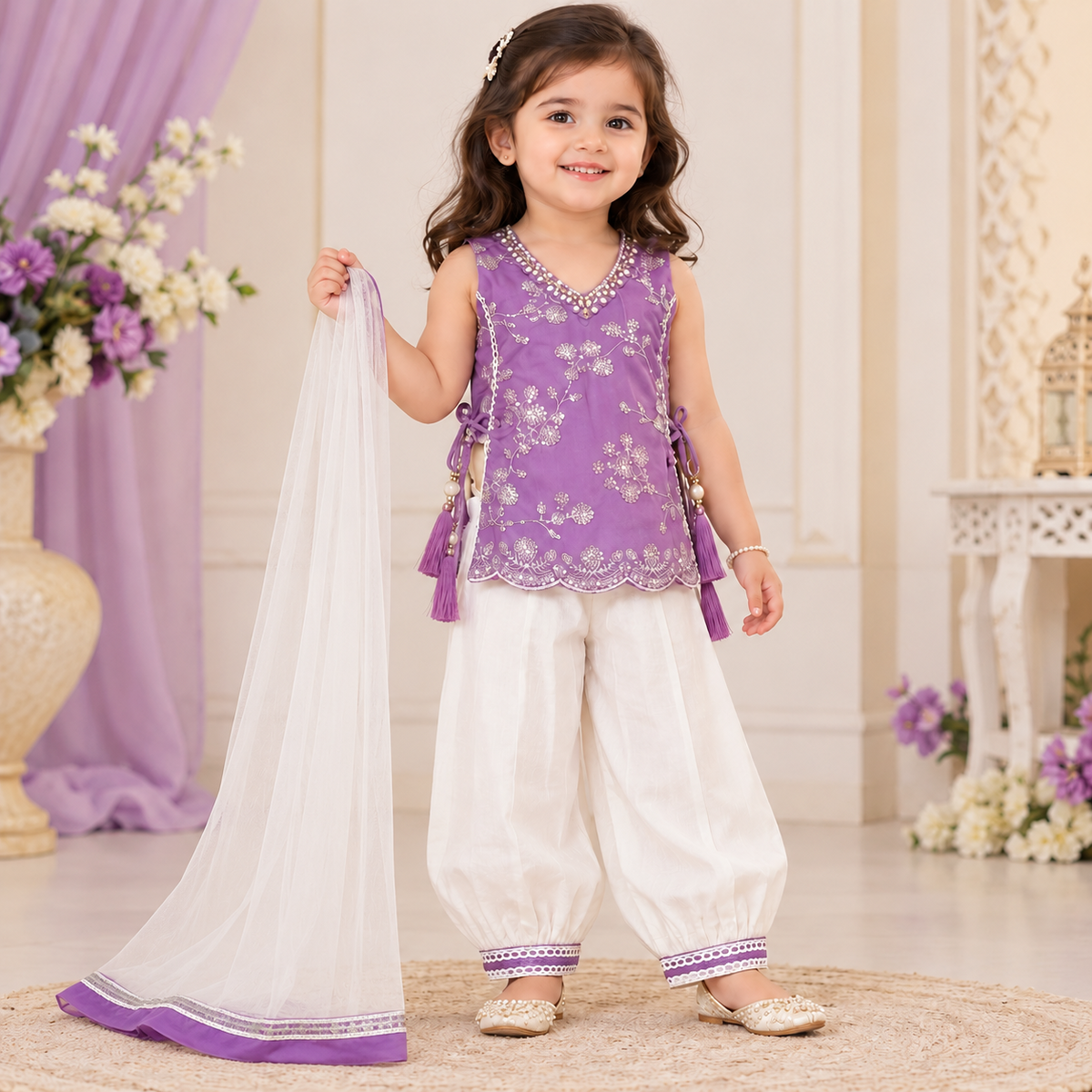 SMILE BABY girls purple embroidered outfit full view