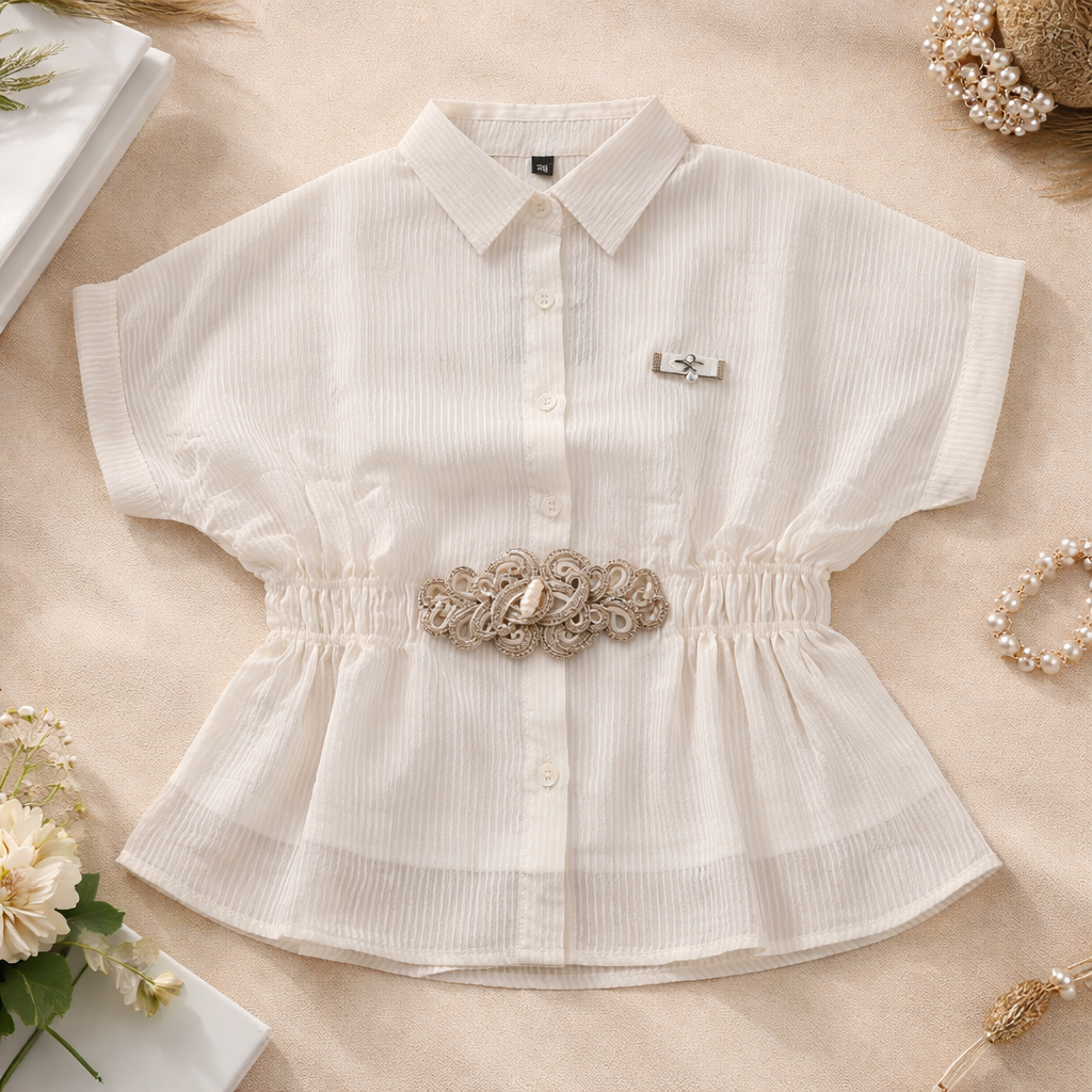 Smile Baby Cream Designer Shirt for Girls | Elegant Kids Party Wear Top (4–12 Years)