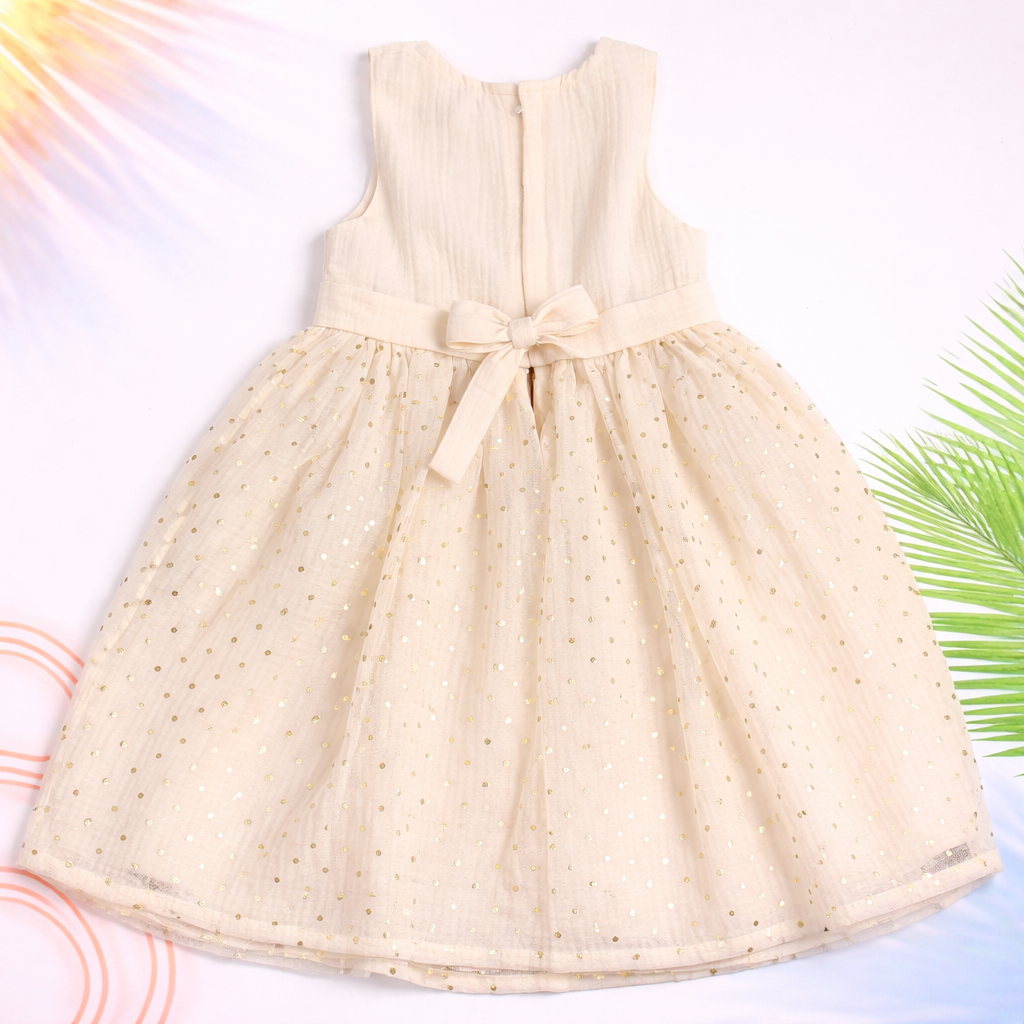 ORRIGANY Cream Gold Polka Party Dress for Girls | Sleeveless Bow Dress (9M–6Y)
