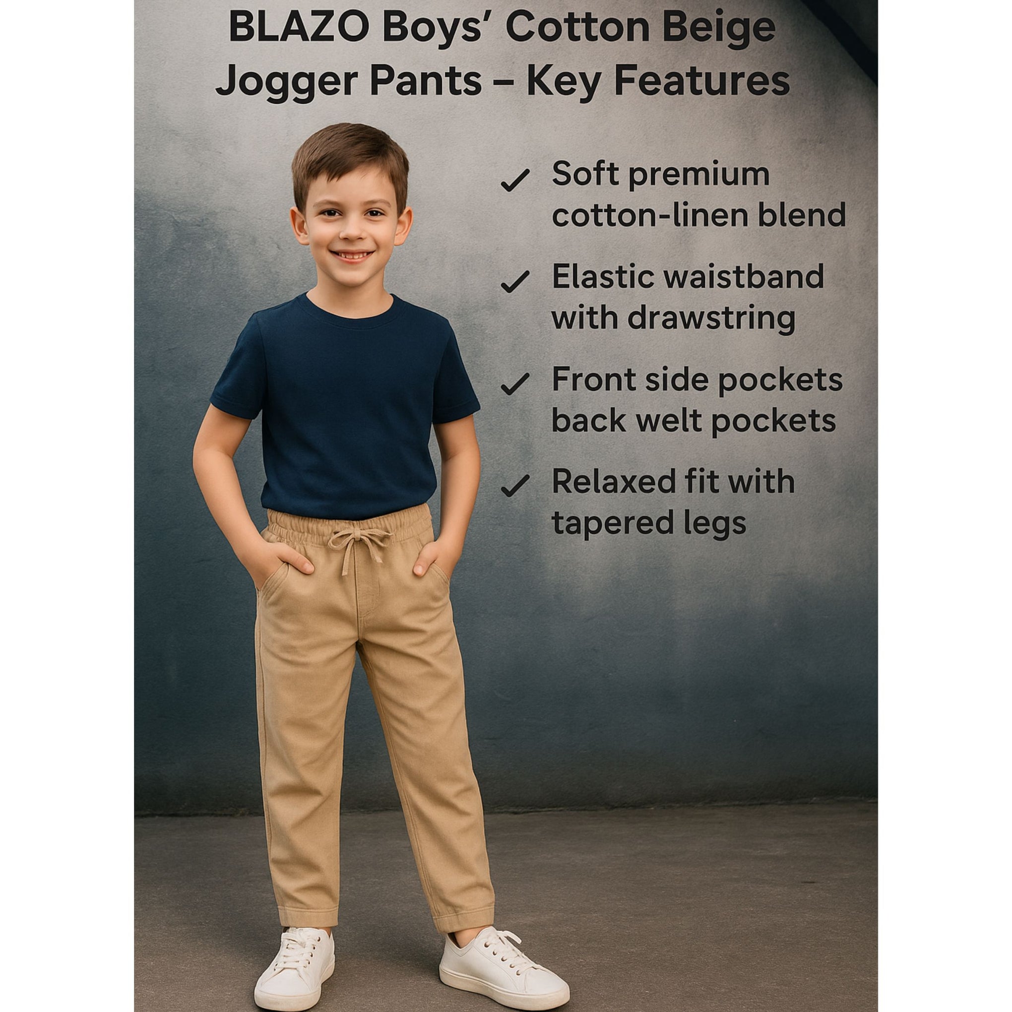 BLAZO Boys' Casual FAWN color Pants – Elastic Waist with Pockets | Stylish Bottomwear for Boys | Trendy Pants for 12 Months to 12 Years Kids  – Daily & Party Wear