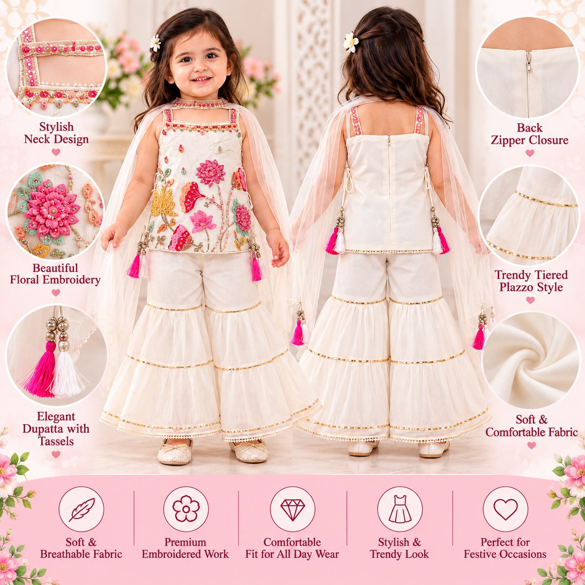 SMILE BABY cream embroidered girls sharara set front and back