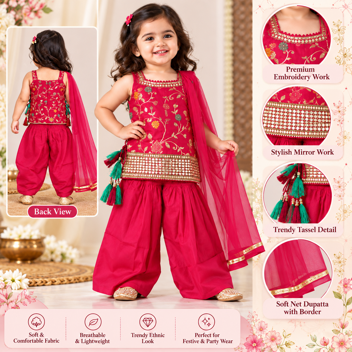 SMILE BABY girls fuchsia embroidered sharara set front view