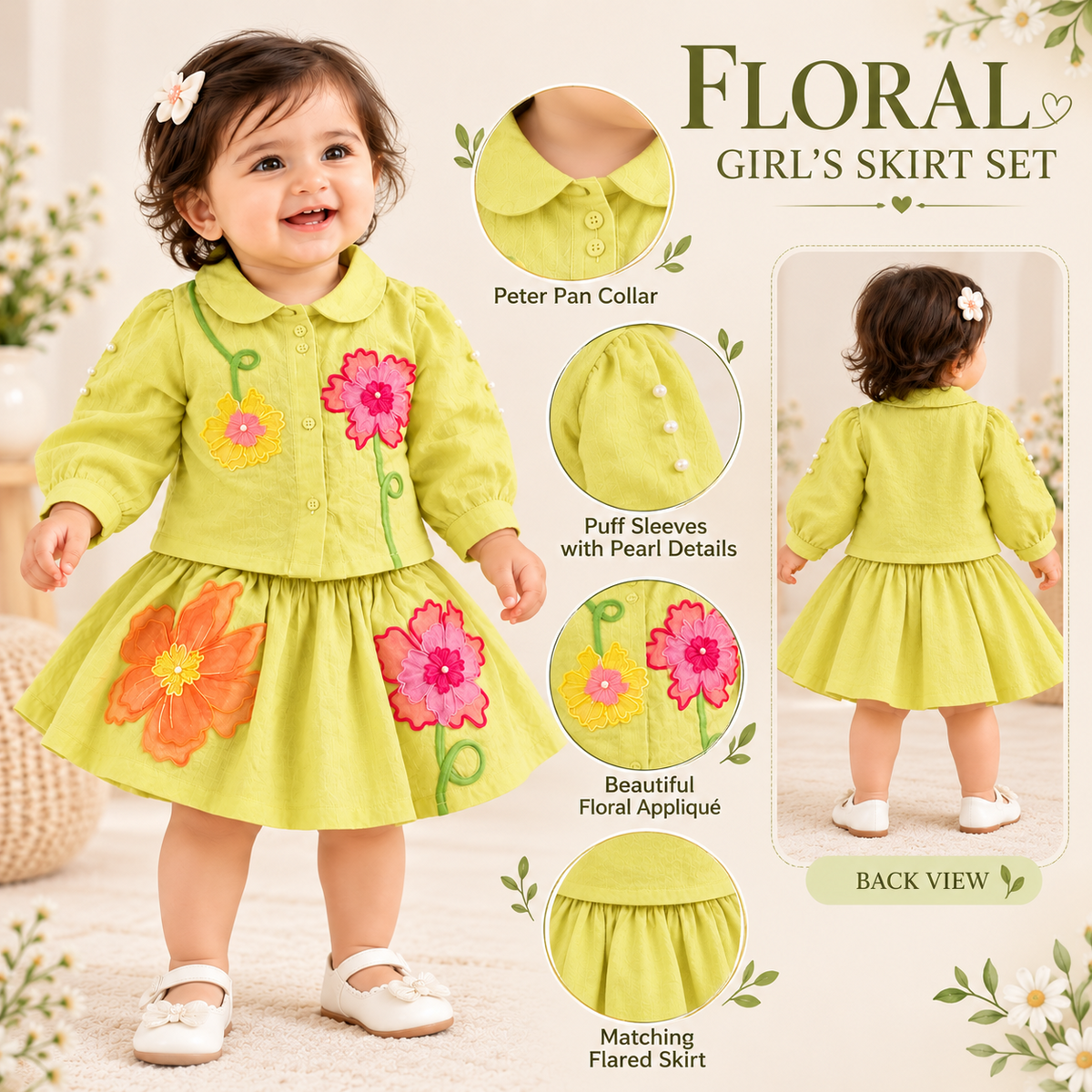 Smile Baby lime green floral girls skirt set feature details