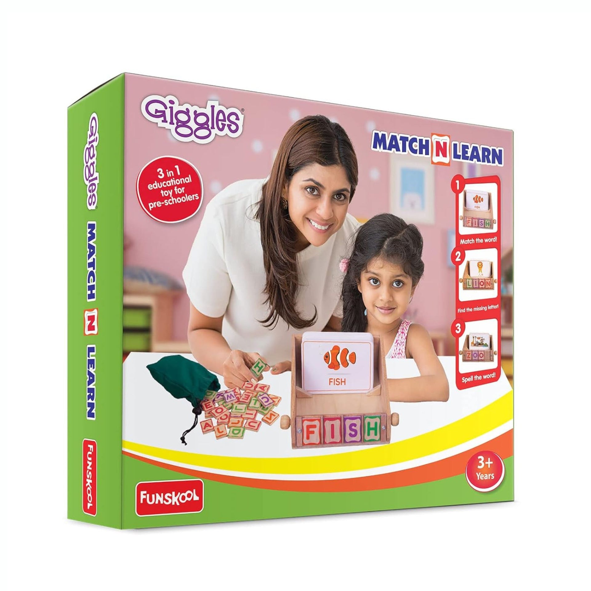 Giggles - Match n Learn, Wooden Educational Toy, Learn to Read, Toy for Kids, Spell and Identify Pictures, Preschool Toy, 3 Years and Above.