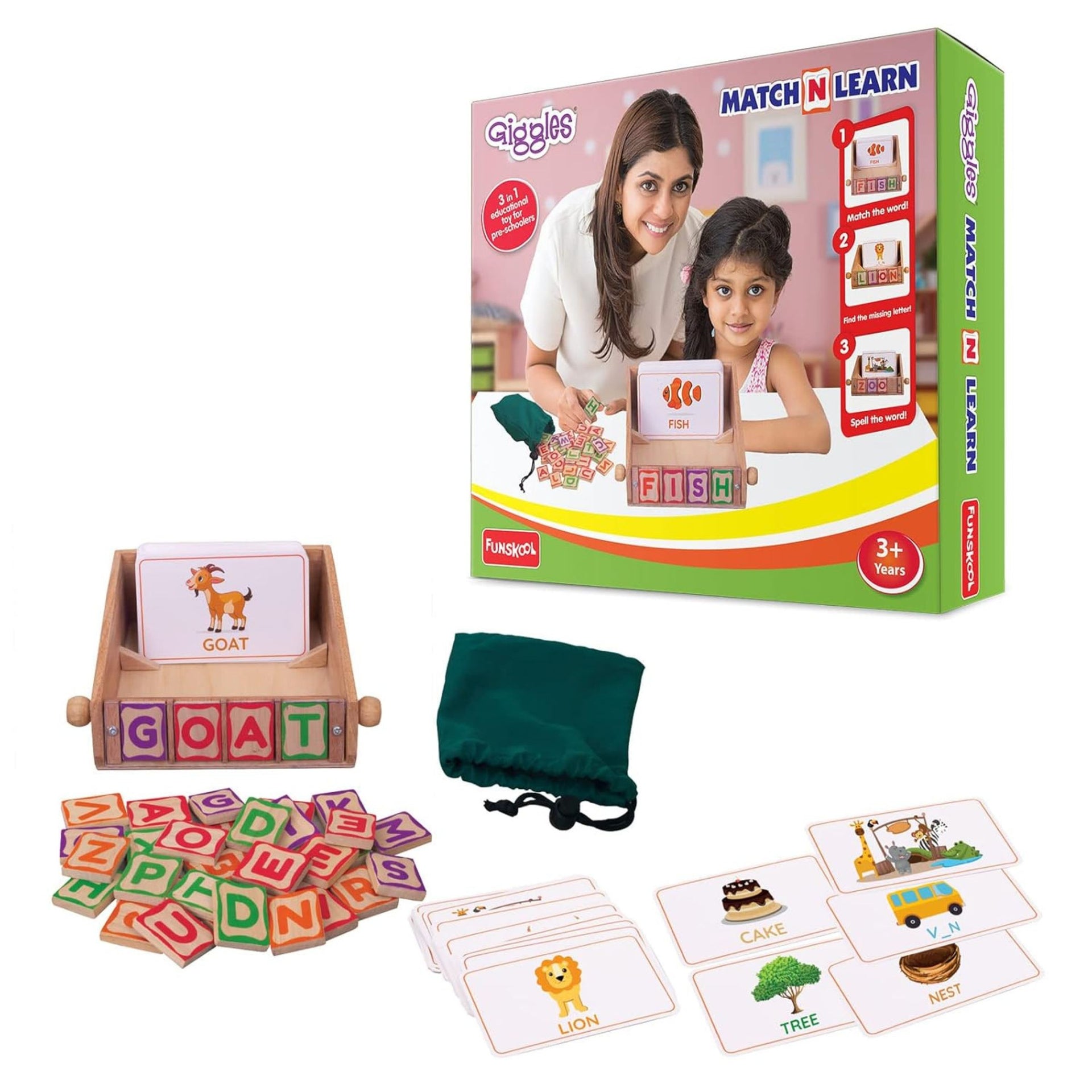 Giggles - Match n Learn, Wooden Educational Toy, Learn to Read, Toy for Kids, Spell and Identify Pictures, Preschool Toy, 3 Years and Above.