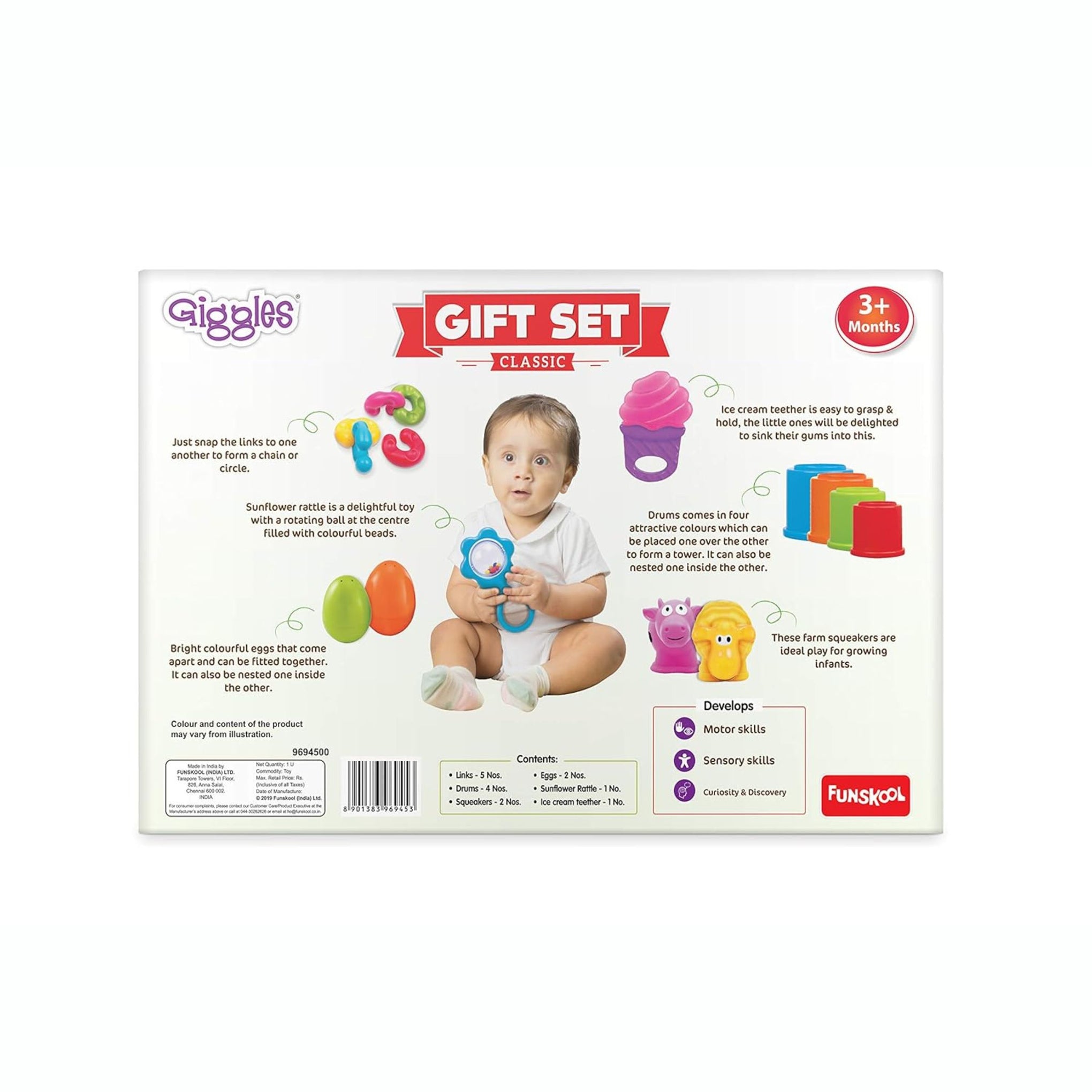 Giggles - Gift Set Classic, Multicolour Baby Toy Gift Set for New Born, Stack,Nest,Link,Squeakers,Teether,Rattle, 6 Months & Above, Infant Toys