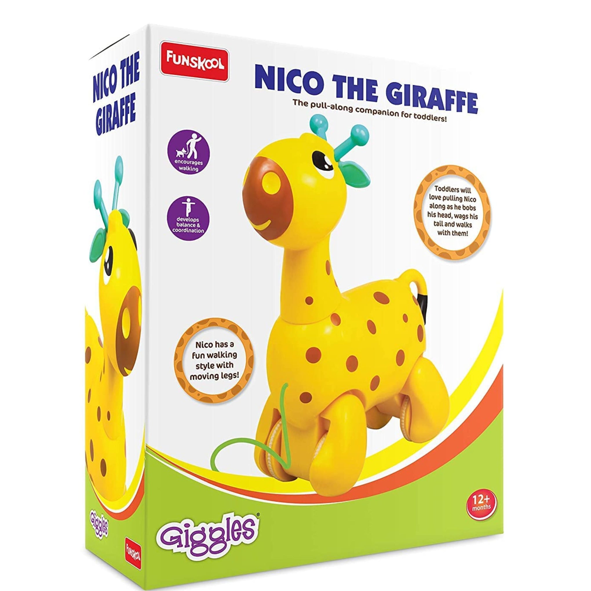Giggles Funskool Pull Along Nico The Giraffe, Activity & Learning Toys for Babies, Toddlers, For Baby Boys & Girls, Encourage Walking, Improve Balance, Multicolour, Gift Set for Kids, Ages 18+ Months