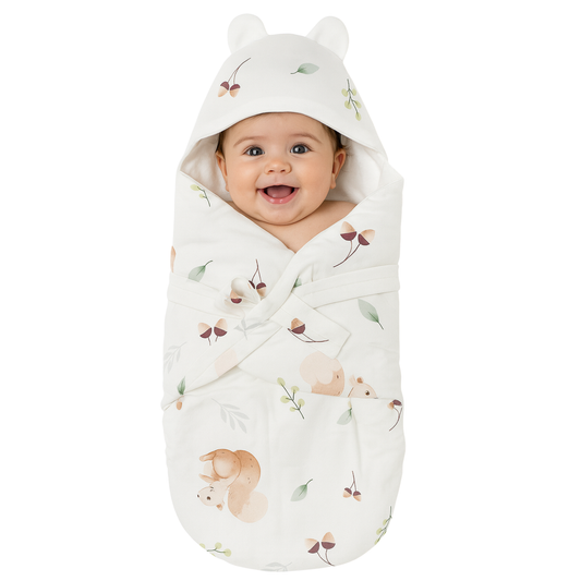 Smile Baby “Gilhari” Squirrel Print Baby Swaddle Wrap with Hood – 0-6 Months
