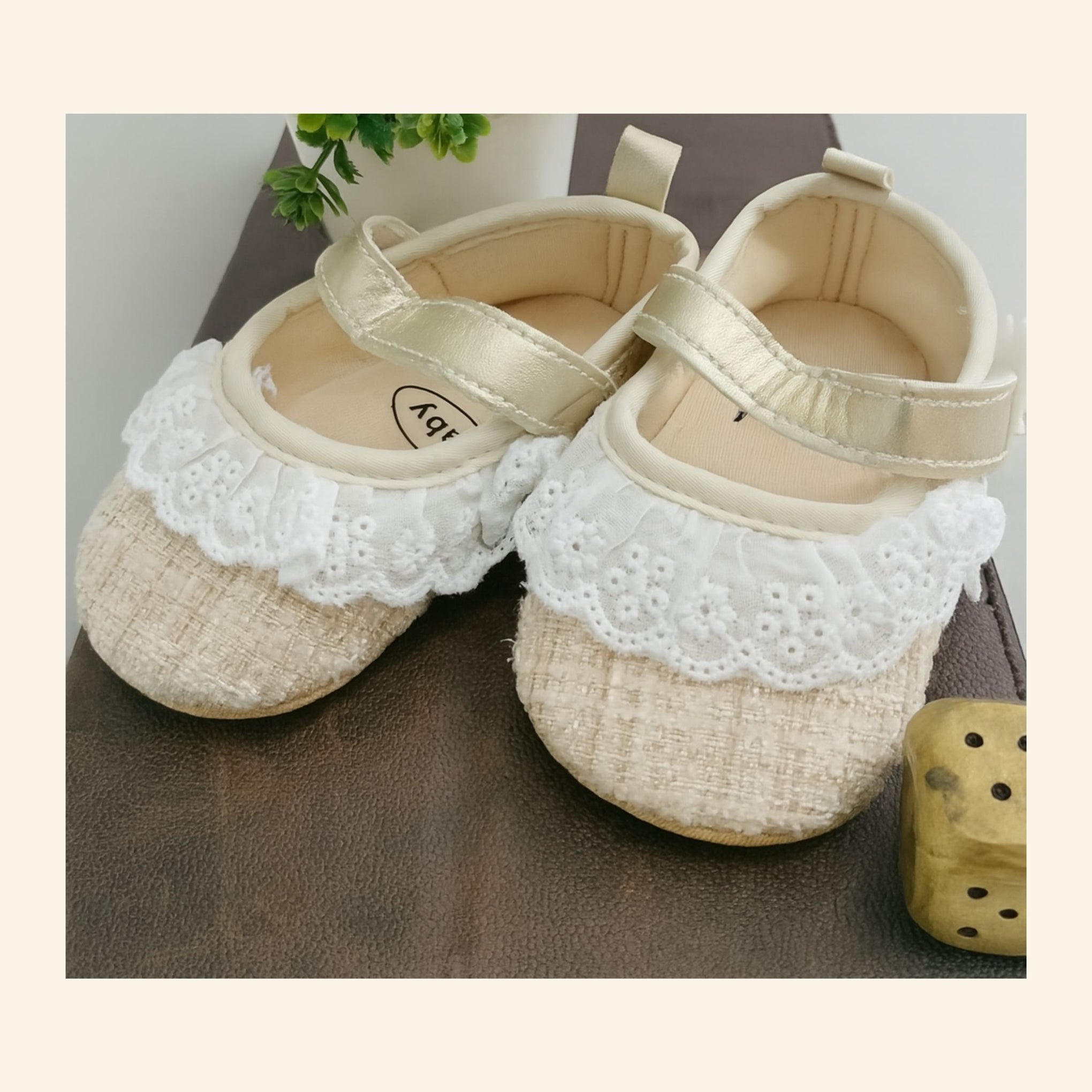 Smile Baby Golden Partywear Baby Girl Shoes – Soft Sole with Embroidered Lace & Glitter Textured Fabric | 0–12 Months | Lightweight & Elegant